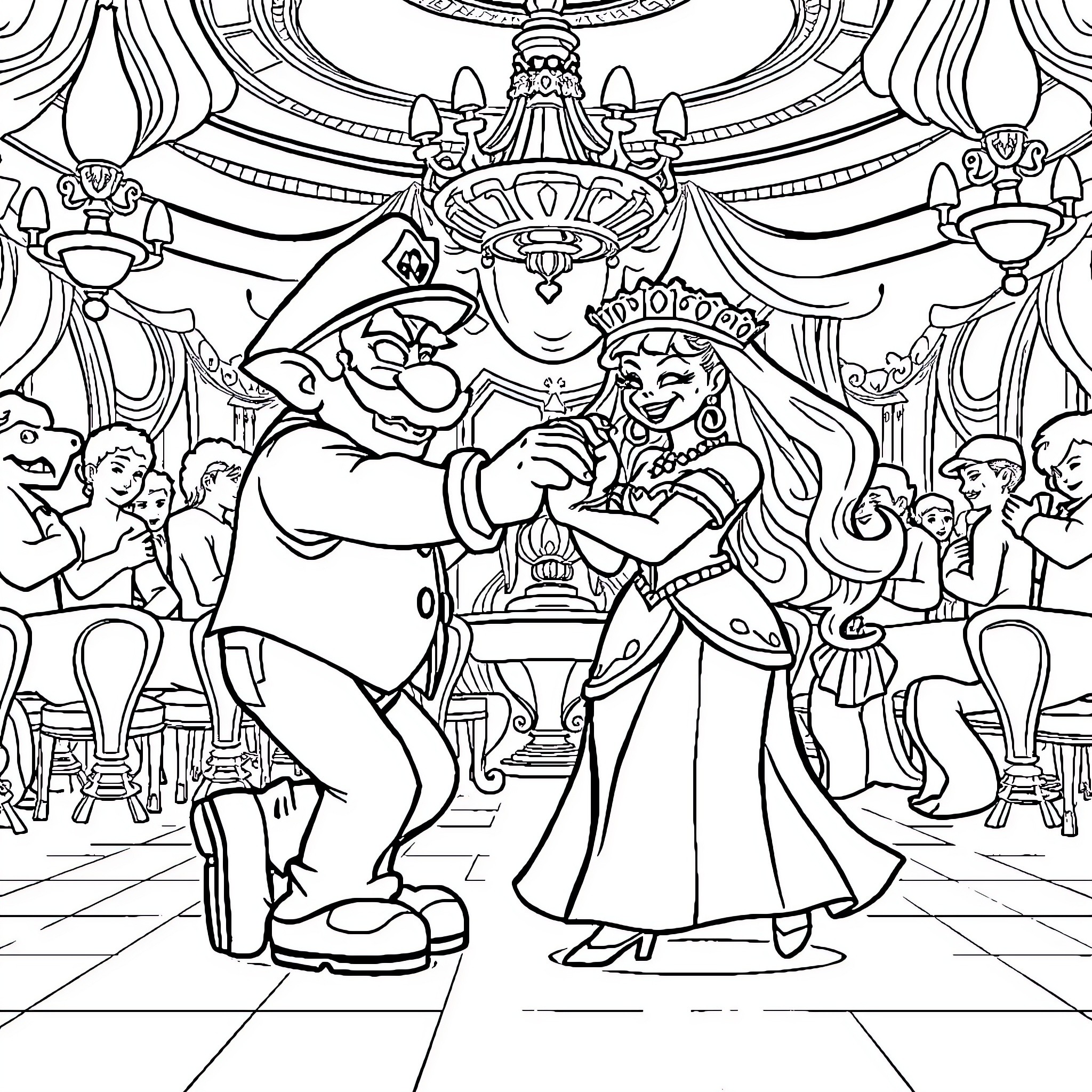 Wario's Regal Revelry at the Royal Ball Coloring Page (free black-and-white line drawing printable PDF for all, from beginners to advanced learners, including children, teens, adults, and seniors)