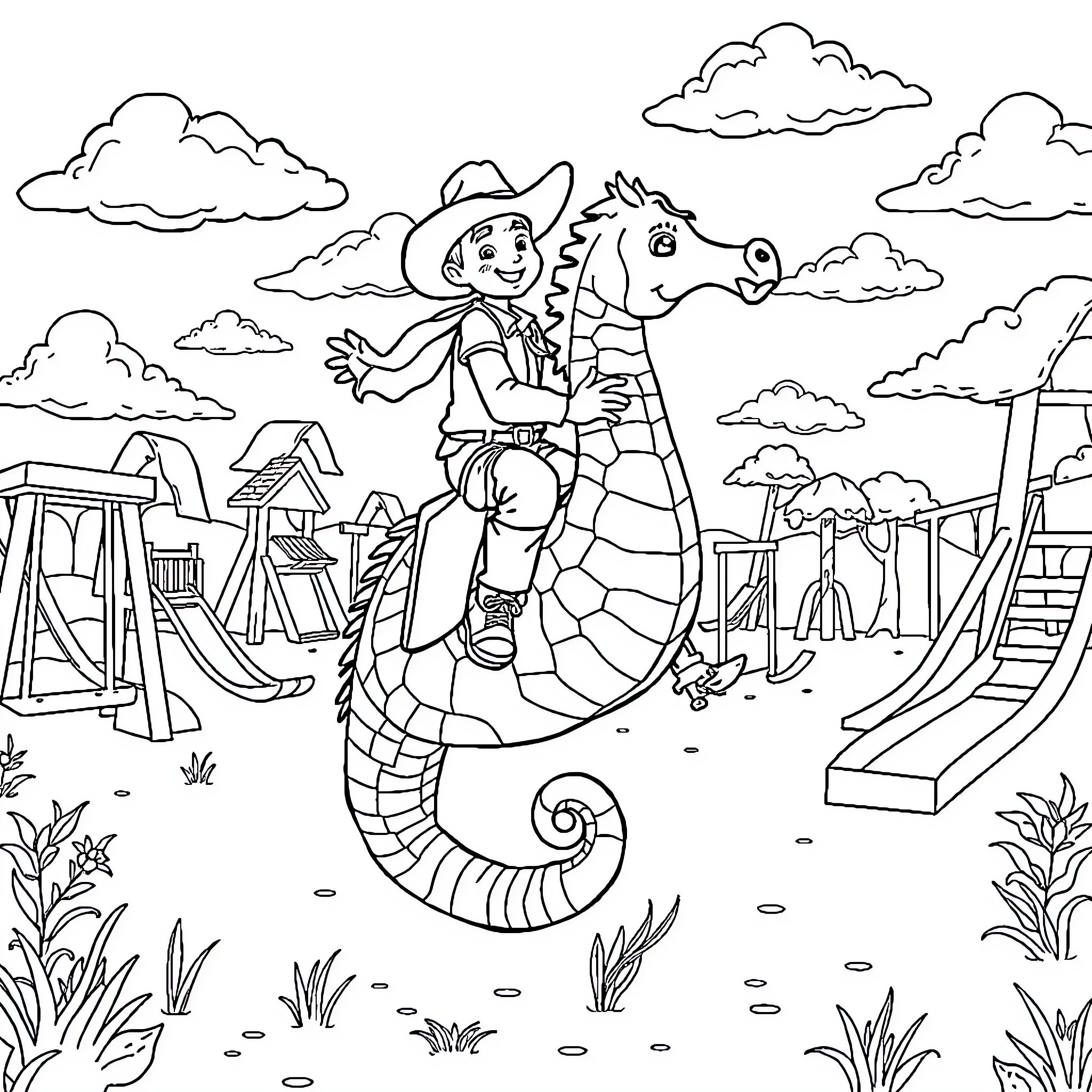Cowboy and his Friendly Reptile Companion Coloring Page (free black-and-white line drawing printable PDF for all, from beginners to advanced learners, including children, teens, adults, and seniors)