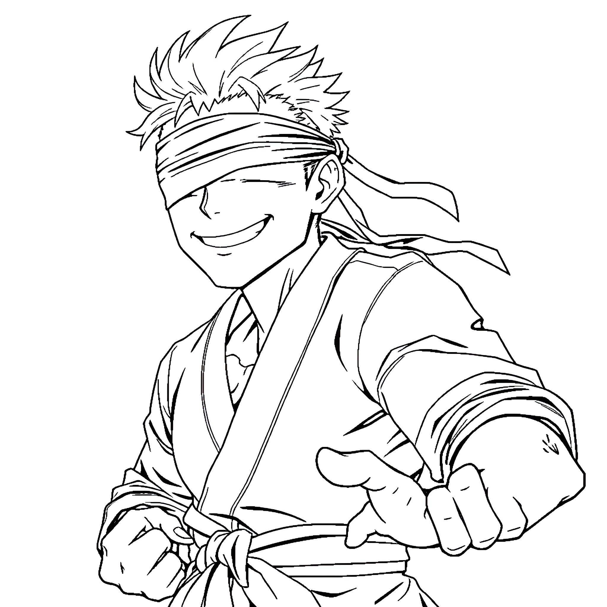 Gojo in a Cheerful Martial Arts Pose Coloring Page (free black-and-white line drawing printable PDF for all, from beginners to advanced learners, including children, teens, adults, and seniors)