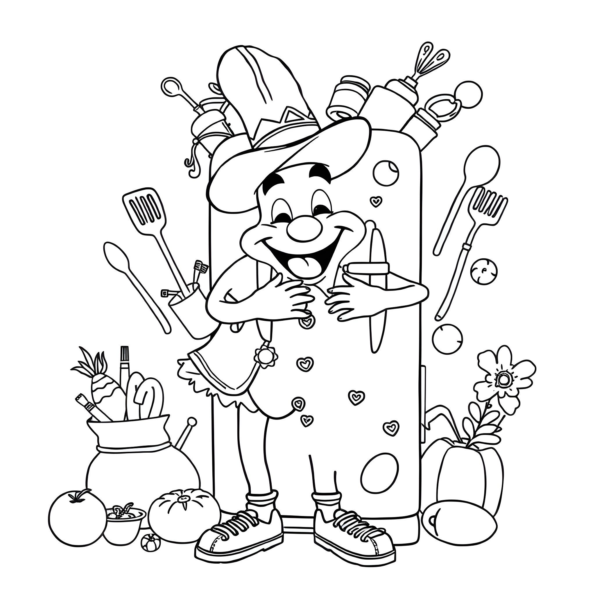 El Chapulín Colorado's Culinary Adventures Coloring Page (free black-and-white line drawing printable PDF for all, from beginners to advanced learners, including children, teens, adults, and seniors)
