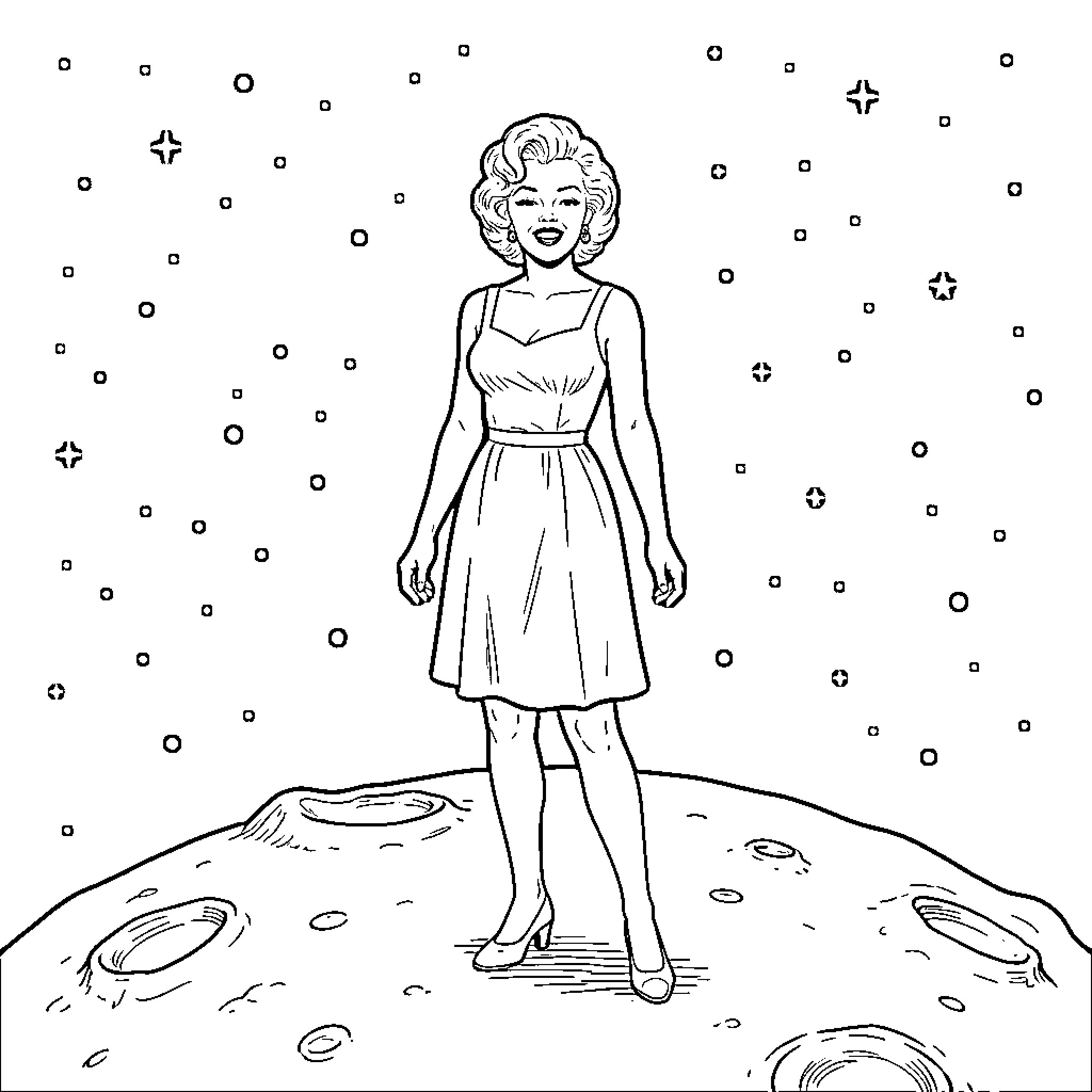 Marilyn Monroe Shining Brightly on the Cosmic Stage Coloring Page (free black-and-white line drawing printable PDF for all, from beginners to advanced learners, including children, teens, adults, and seniors)