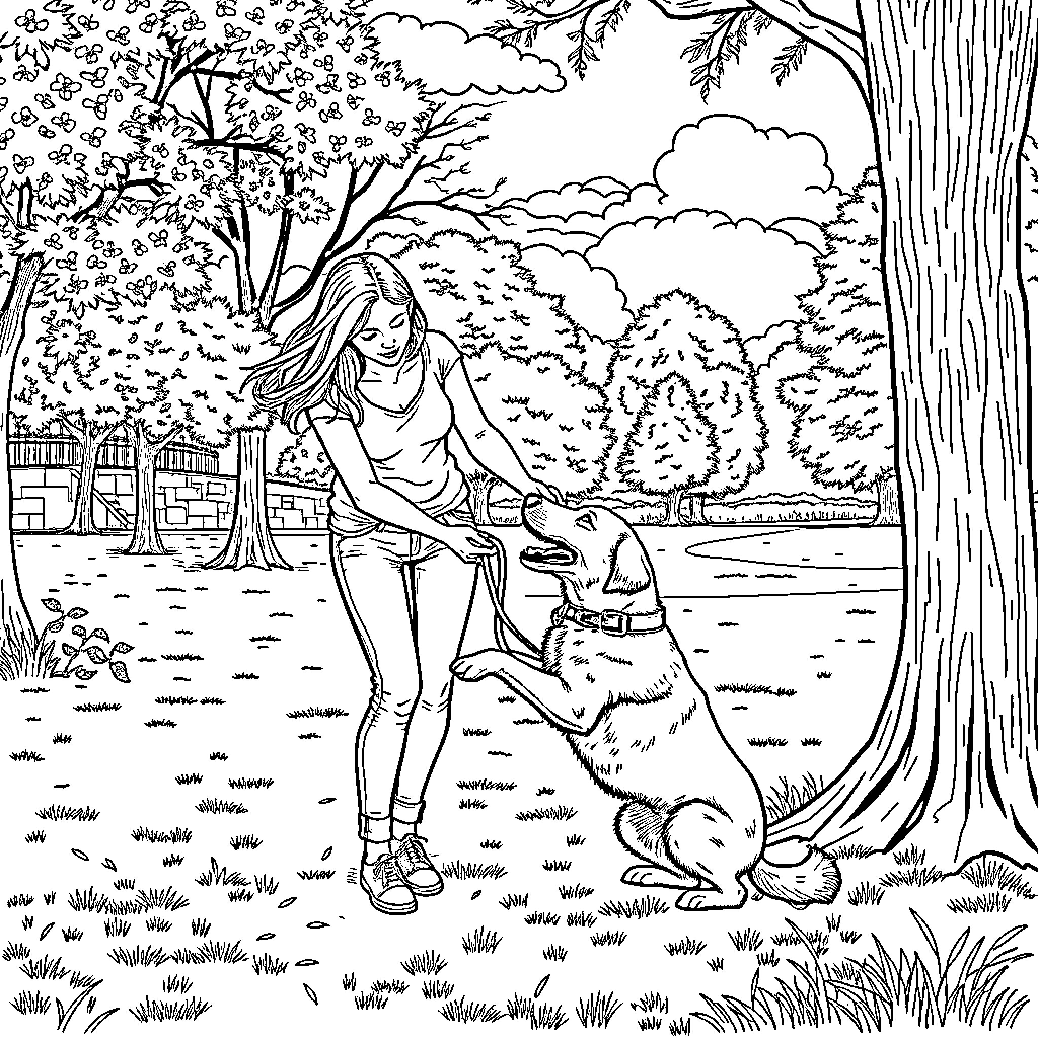 Woman petting a dog in a scenic outdoor setting Coloring Page (free black-and-white line drawing printable PDF for all, from beginners to advanced learners, including children, teens, adults, and seniors)