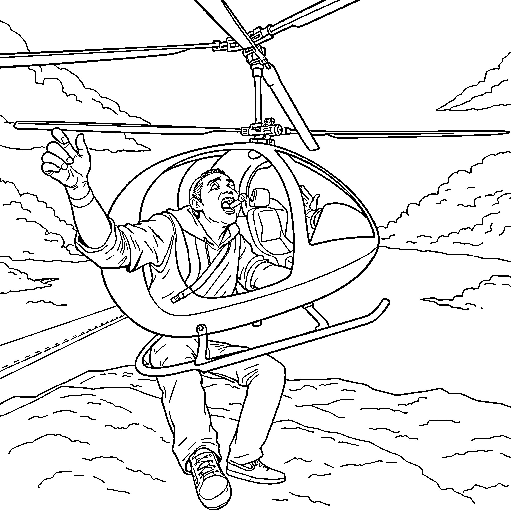 Musician flying a helicopter in the sky Coloring Page (free black-and-white line drawing printable PDF for all, from beginners to advanced learners, including children, teens, adults, and seniors)