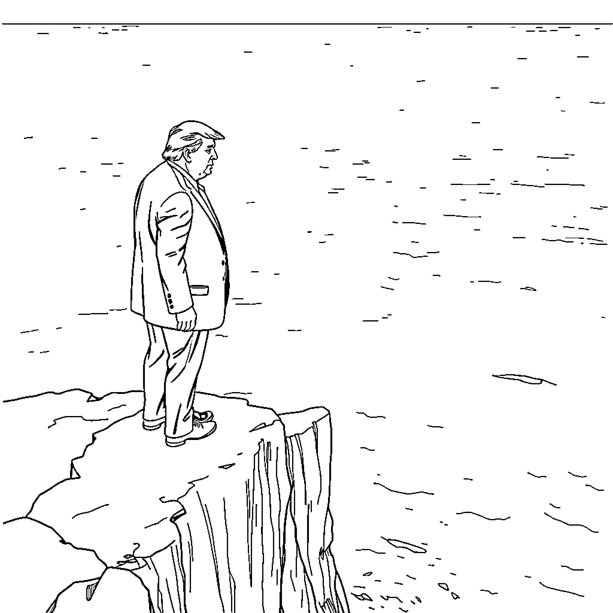 Donald Trump standing alone on a rocky cliff Coloring Page (free black-and-white line drawing printable PDF for all, from beginners to advanced learners, including children, teens, adults, and seniors)