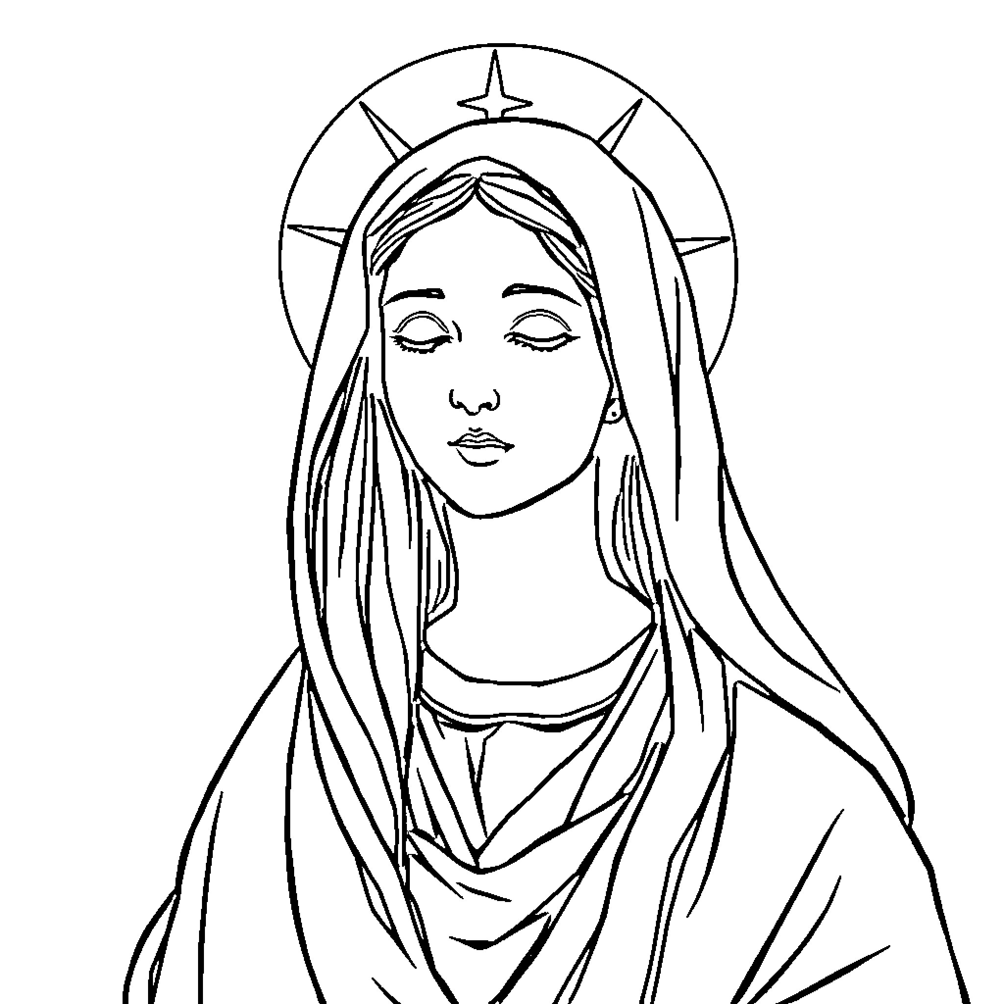 Mother Mary with closed eyes and draped veil Coloring Page (free black-and-white line drawing printable PDF for all, from beginners to advanced learners, including children, teens, adults, and seniors)