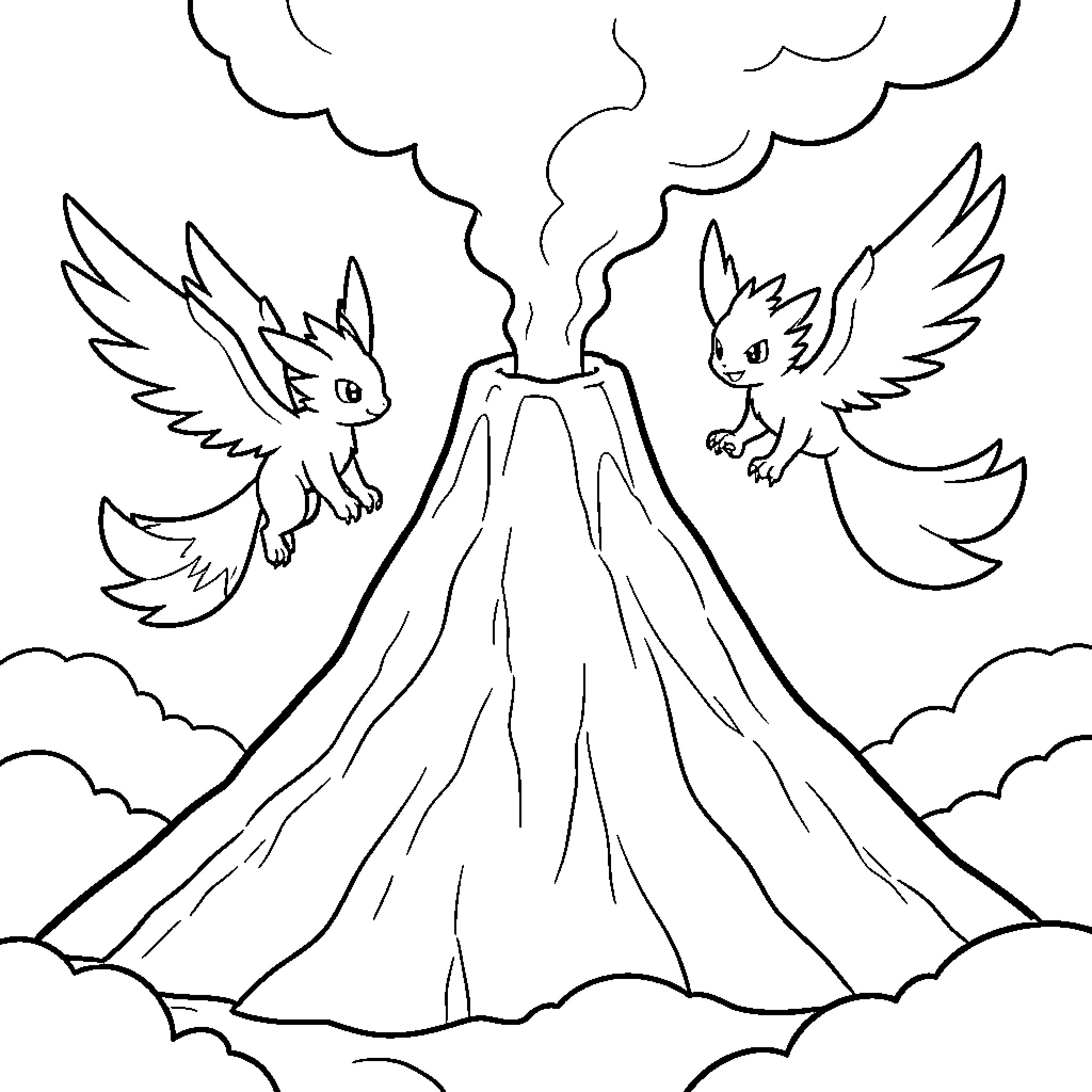 Dracaufeu watching two flying creatures near a volcano Coloring Page (free black-and-white line drawing printable PDF for all, from beginners to advanced learners, including children, teens, adults, and seniors)