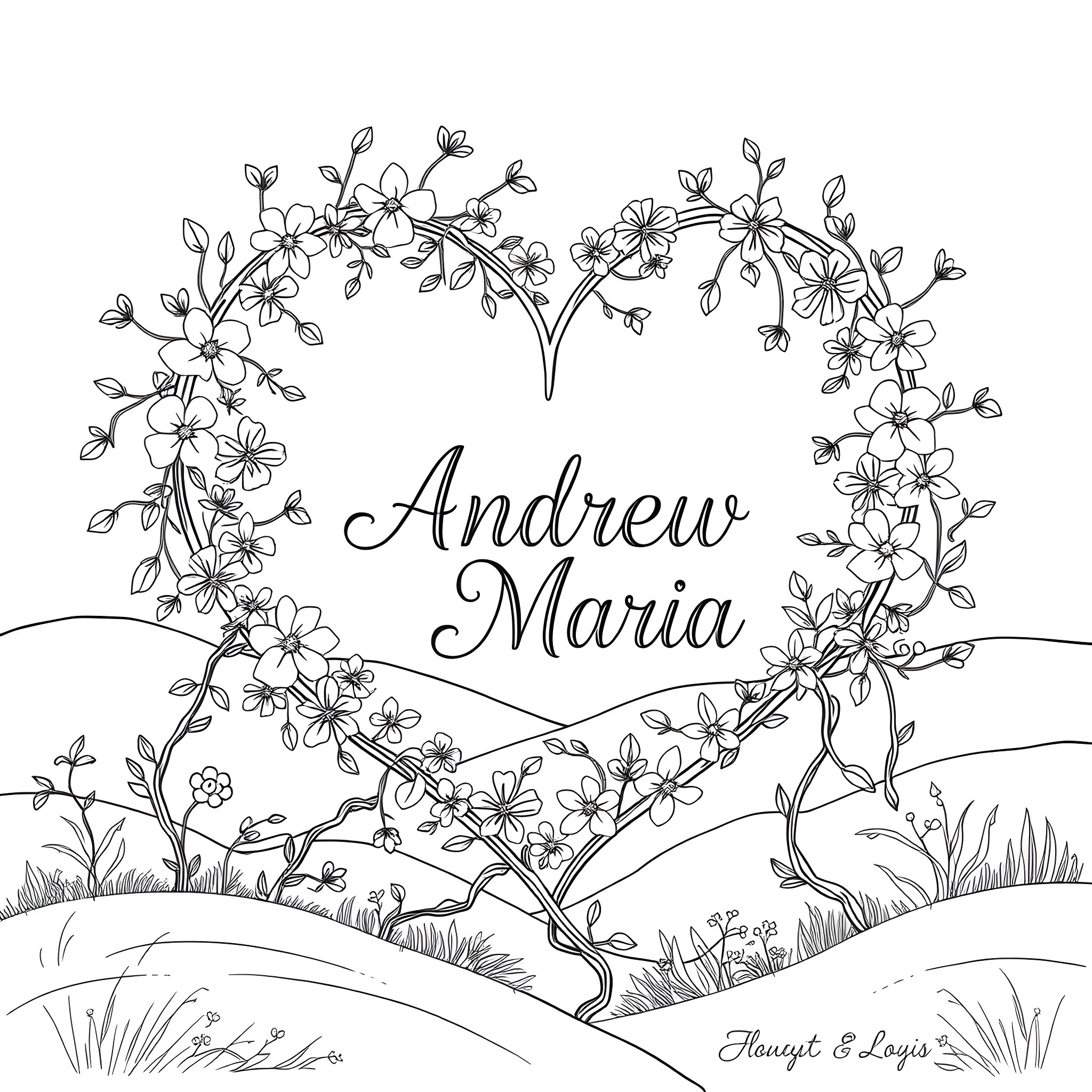 Heart-shaped Floral Wreath with Scenic Landscape Coloring Page (free black-and-white line drawing printable PDF for all, from beginners to advanced learners, including children, teens, adults, and seniors)
