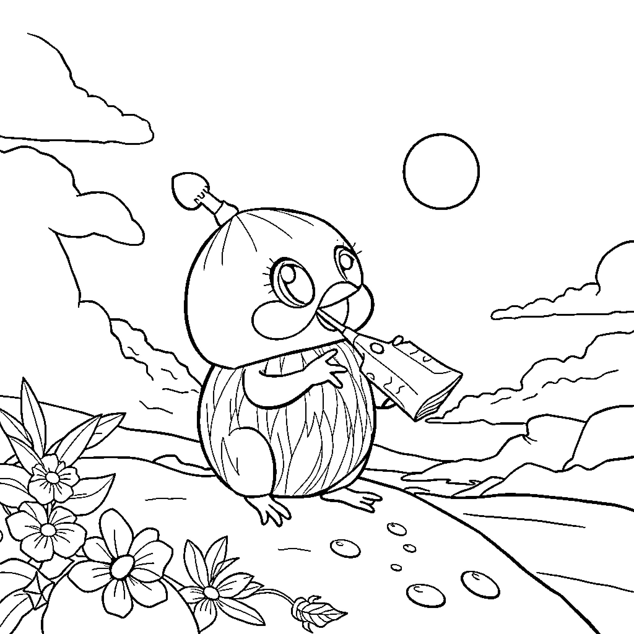 Labubu's Whimsical Adventure in the Floral Landscape Coloring Page (free black-and-white line drawing printable PDF for all, from beginners to advanced learners, including children, teens, adults, and seniors)