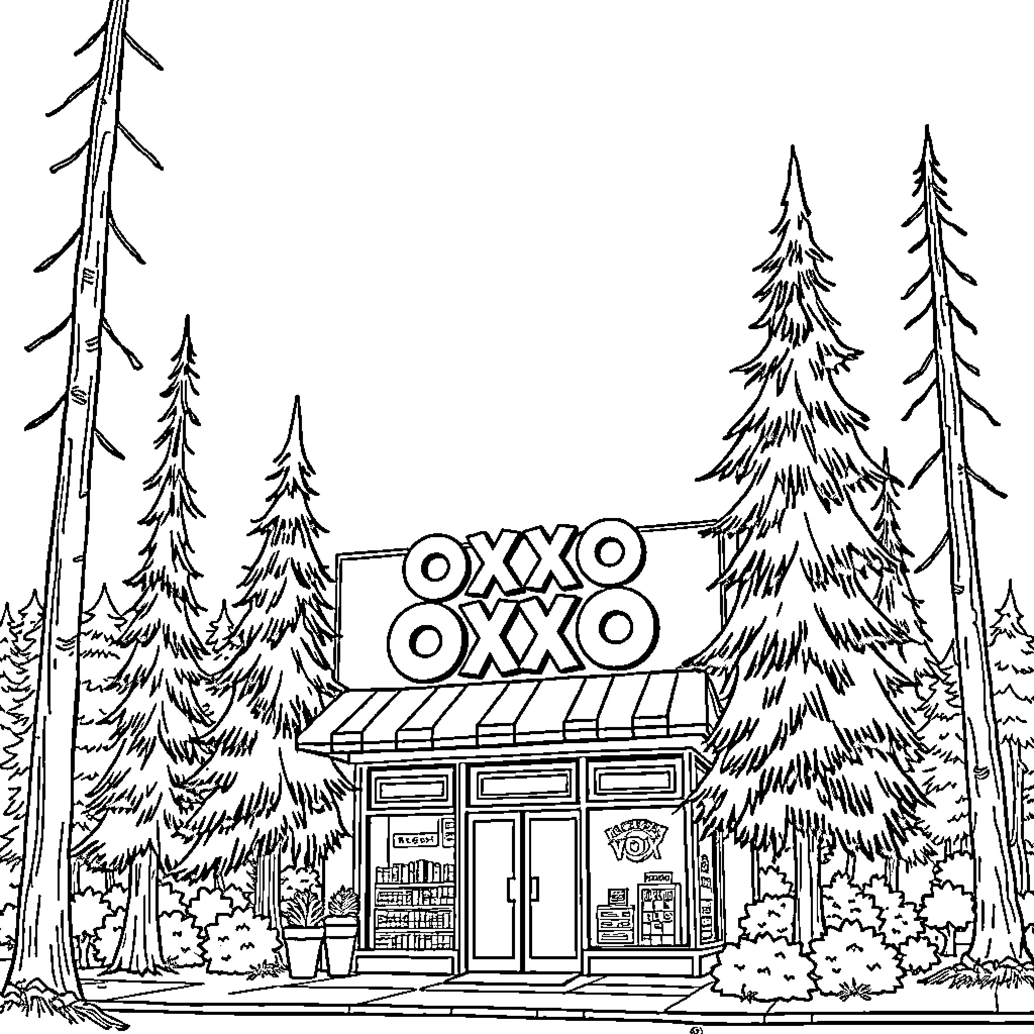 OXXO Store in Wooded Forest Coloring Page (free black-and-white line drawing printable PDF for all, from beginners to advanced learners, including children, teens, adults, and seniors)