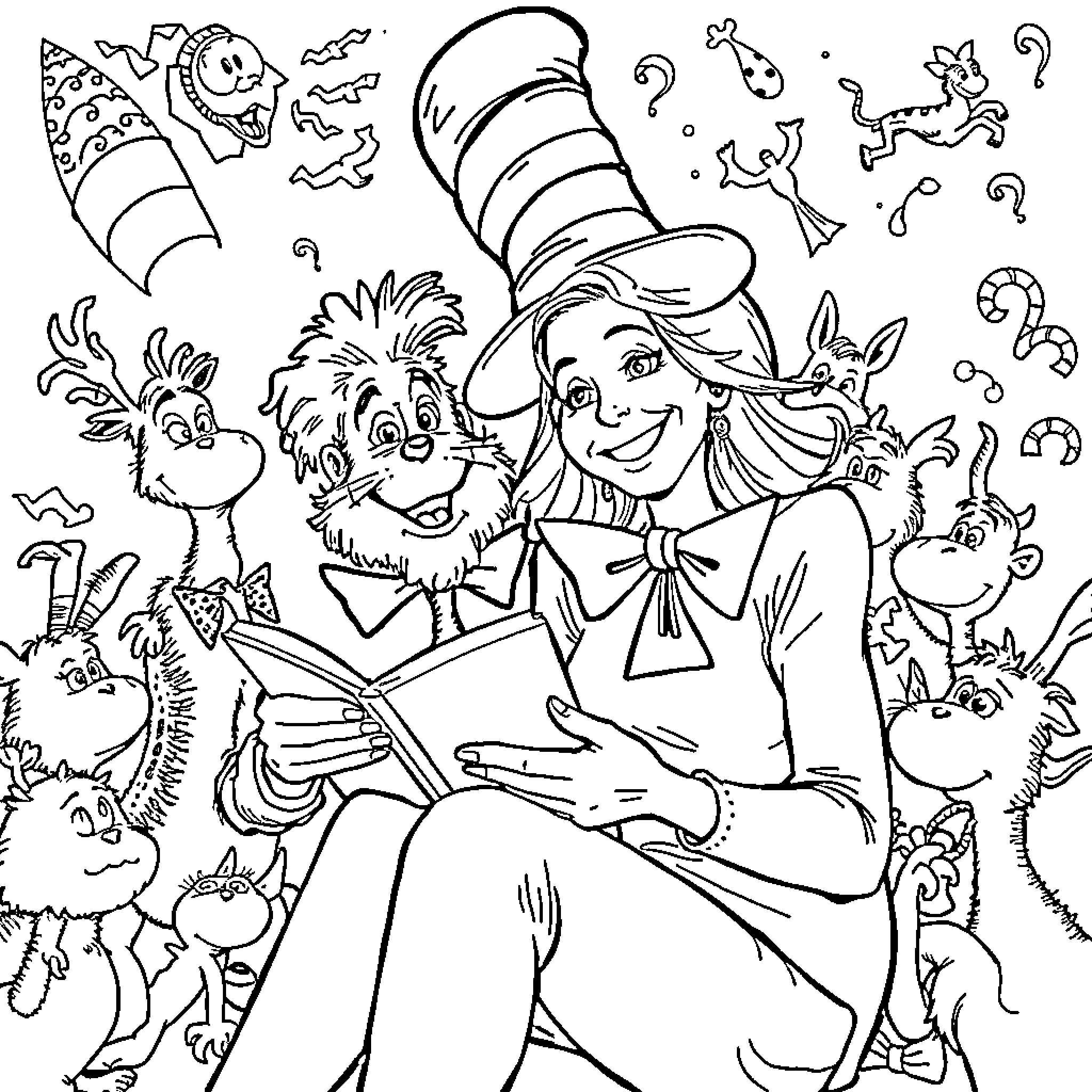 Brigitte Bardot reading to quirky animal friends Coloring Page (free black-and-white line drawing printable PDF for all, from beginners to advanced learners, including children, teens, adults, and seniors)