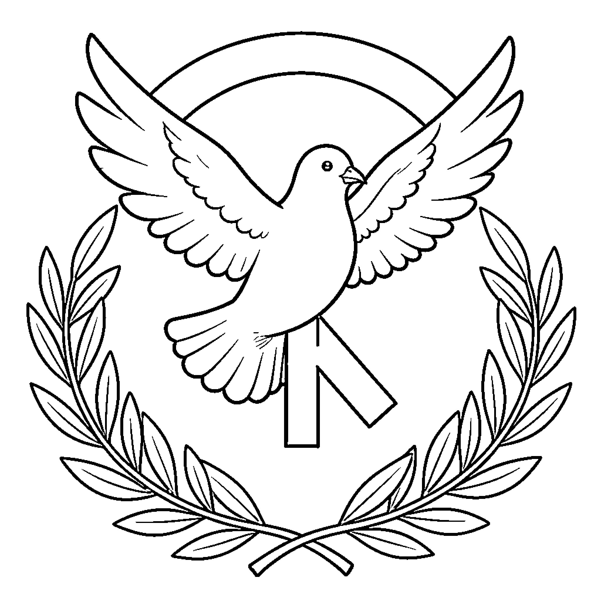 Peace dove with laurel wreath symbol Coloring Page (free black-and-white line drawing printable PDF for all, from beginners to advanced learners, including children, teens, adults, and seniors)