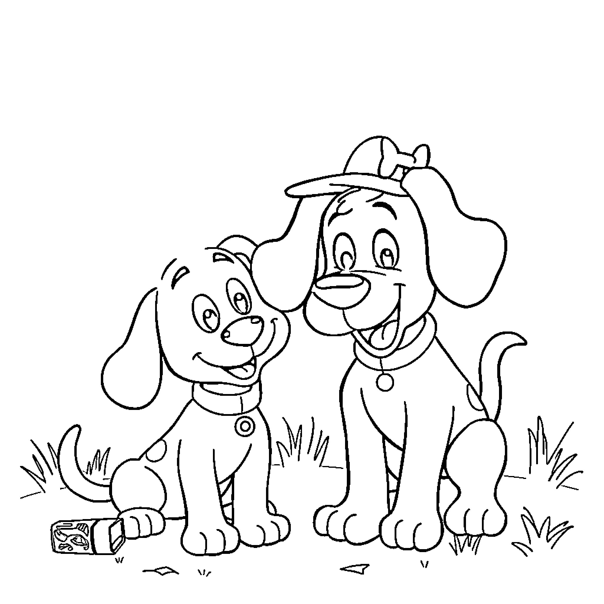 Blue Puppies Playing Together in the Grass Coloring Page (free black-and-white line drawing printable PDF for all, from beginners to advanced learners, including children, teens, adults, and seniors)