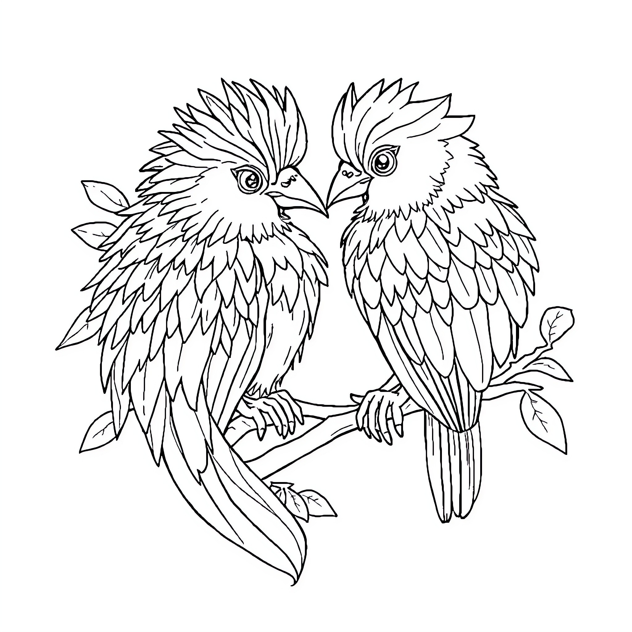 Animal pair of birds perched on a branch Coloring Page (free black-and-white line drawing printable PDF for all, from beginners to advanced learners, including children, teens, adults, and seniors)