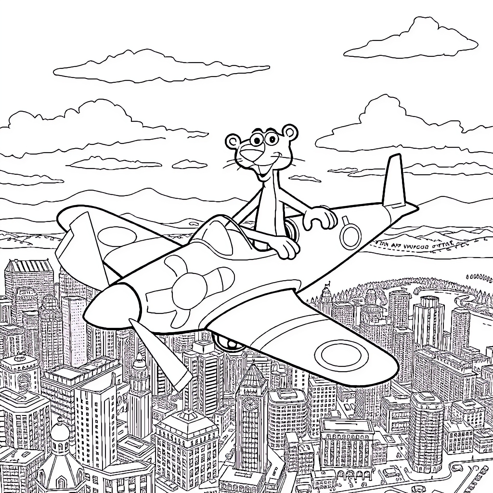 Pink Panther soaring through the city in a plane Coloring Page (free black-and-white line drawing printable PDF for all, from beginners to advanced learners, including children, teens, adults, and seniors)