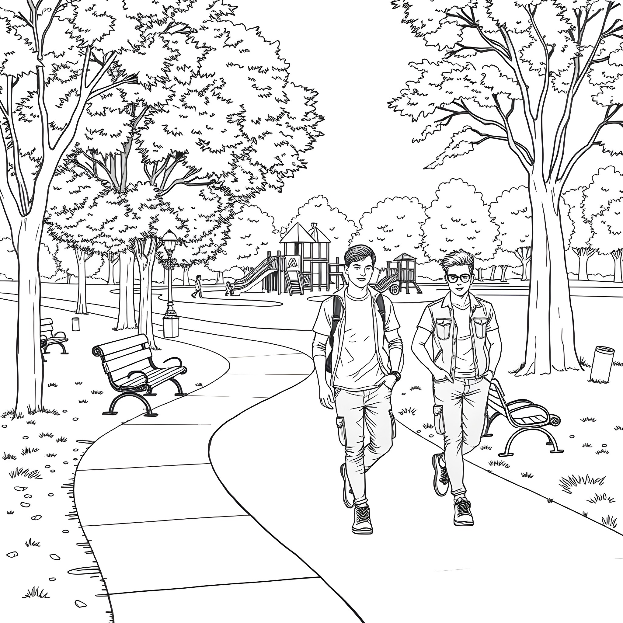 Teen Guys Exploring the Outdoor Park Coloring Page (free black-and-white line drawing printable PDF for all, from beginners to advanced learners, including children, teens, adults, and seniors)