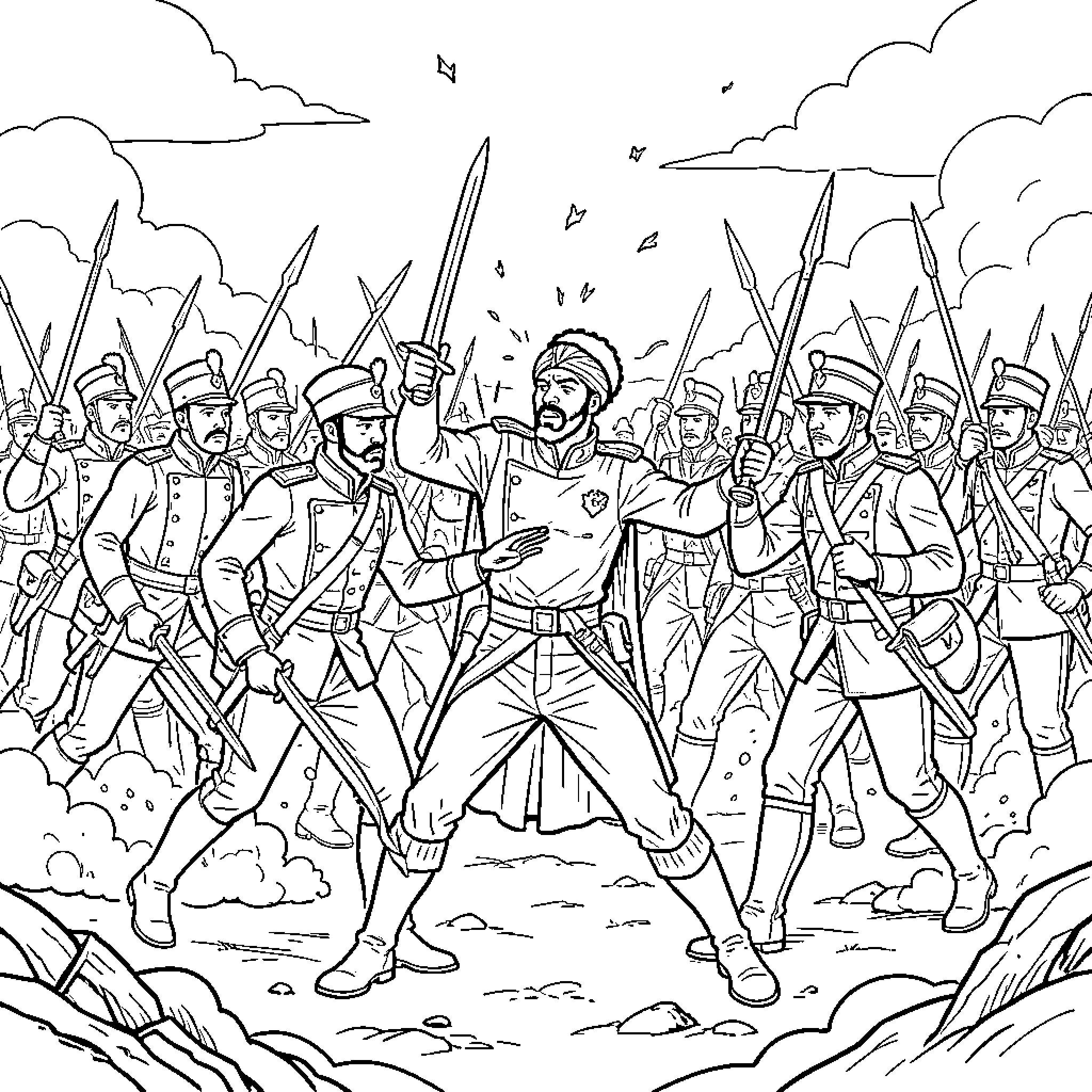 Dessalines leading soldiers with a raised sword Coloring Page (free black-and-white line drawing printable PDF for all, from beginners to advanced learners, including children, teens, adults, and seniors)