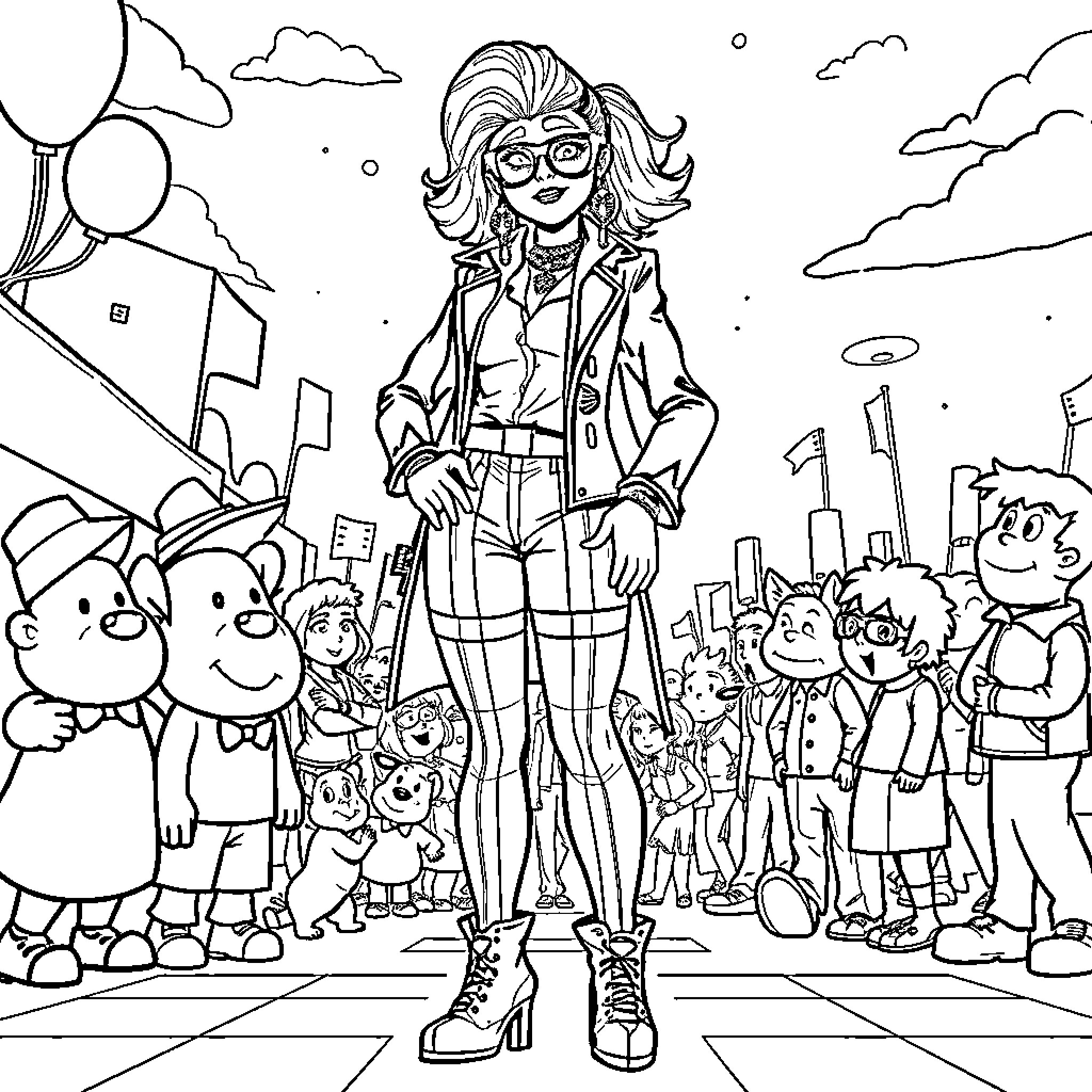 Valentina's Celebration with Lively Characters Coloring Page (free black-and-white line drawing printable PDF for all, from beginners to advanced learners, including children, teens, adults, and seniors)
