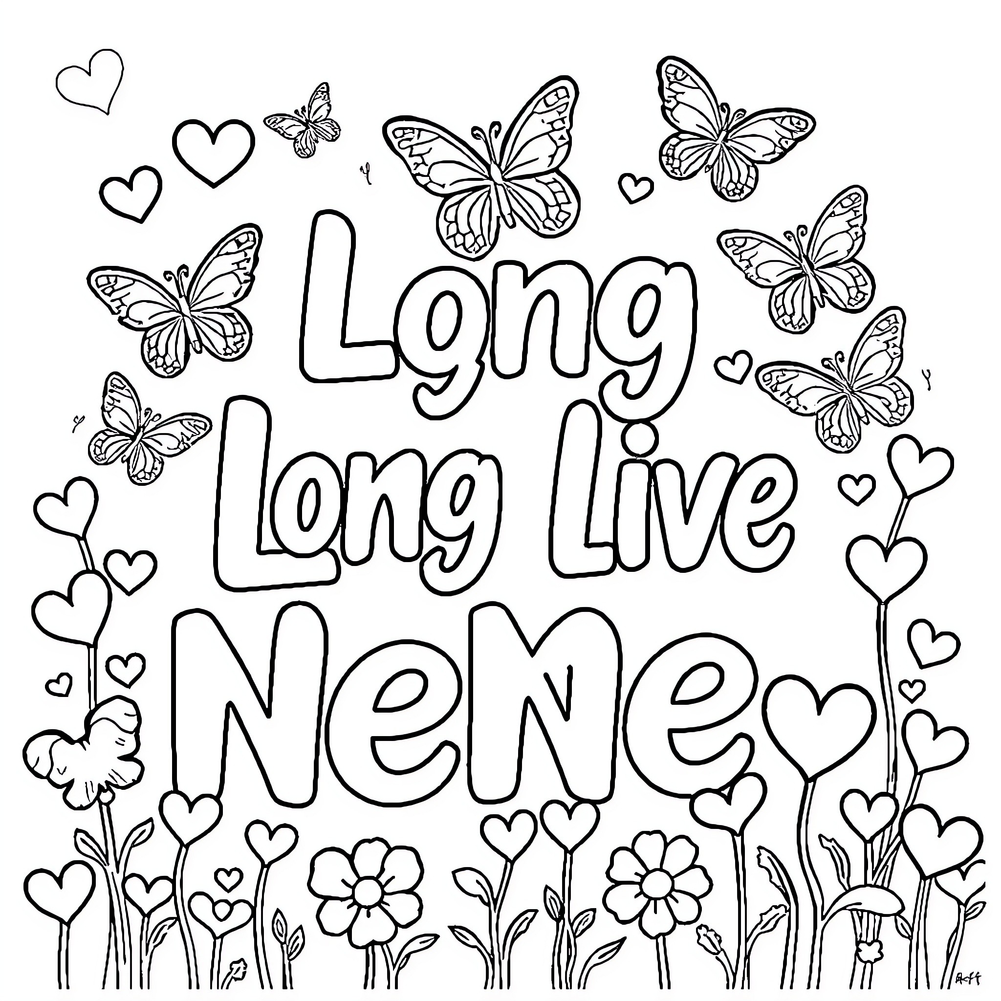 NeNe's Long Long Live Whimsical Butterflies Coloring Page (free black-and-white line drawing printable PDF for all, from beginners to advanced learners, including children, teens, adults, and seniors)