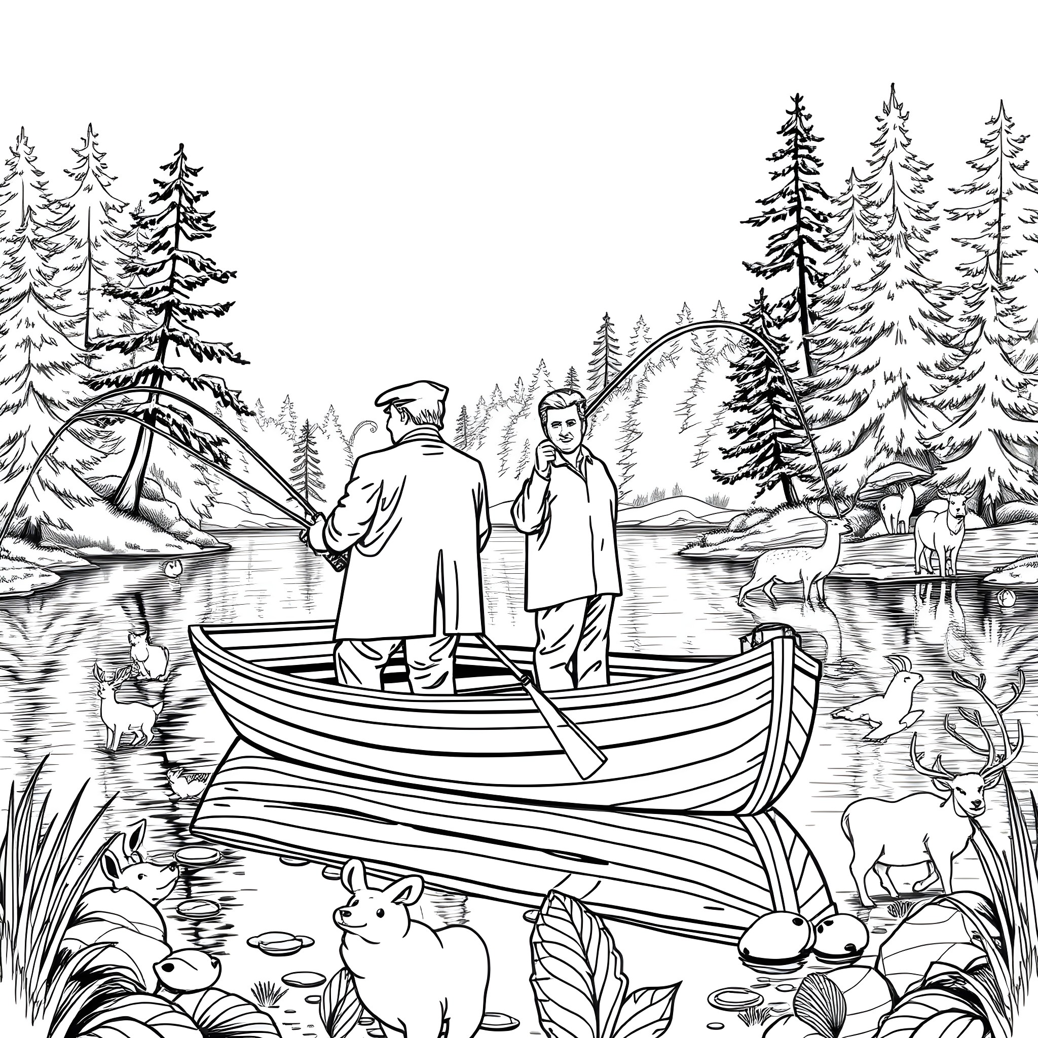 Trump enjoying a boat ride in a serene forest landscape Coloring Page (free black-and-white line drawing printable PDF for all, from beginners to advanced learners, including children, teens, adults, and seniors)