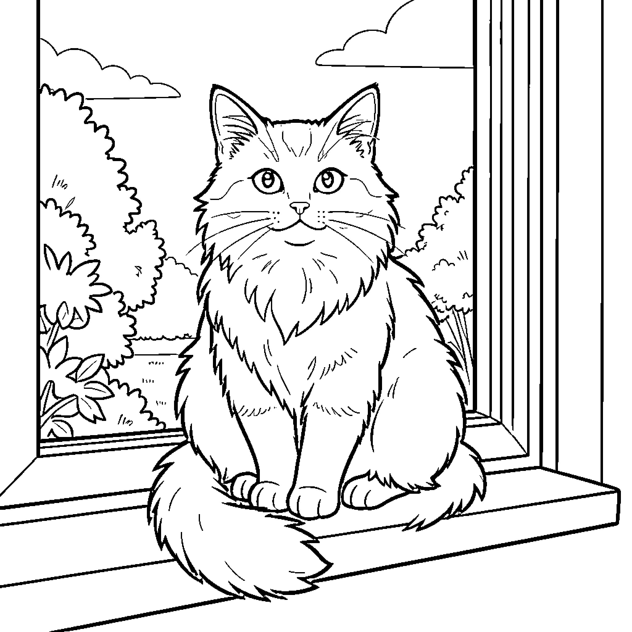 Cat looking out the window Coloring Page (free black-and-white line drawing printable PDF for all, from beginners to advanced learners, including children, teens, adults, and seniors)