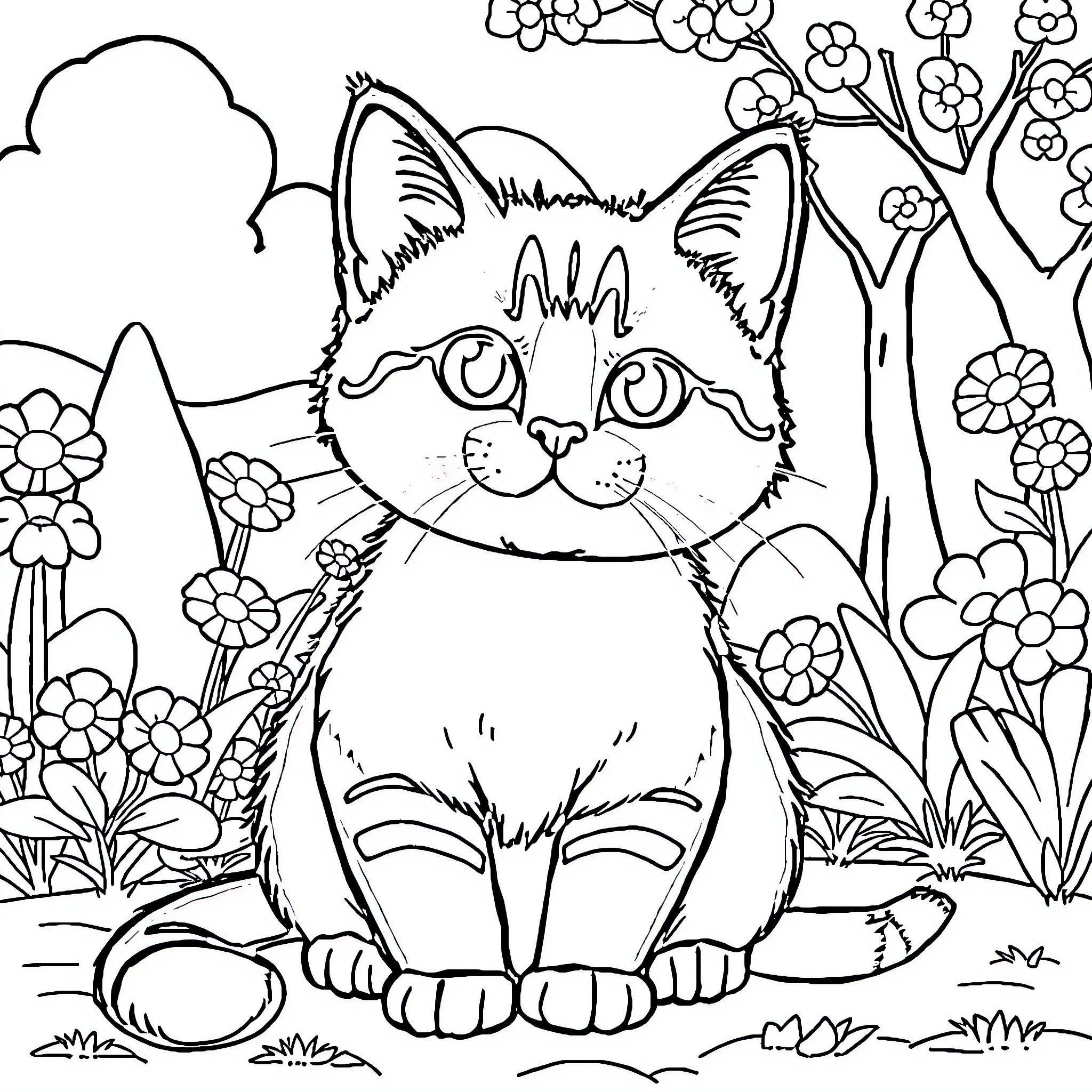 British Shorthair cat in a whimsical garden Coloring Page (free black-and-white line drawing printable PDF for all, from beginners to advanced learners, including children, teens, adults, and seniors)