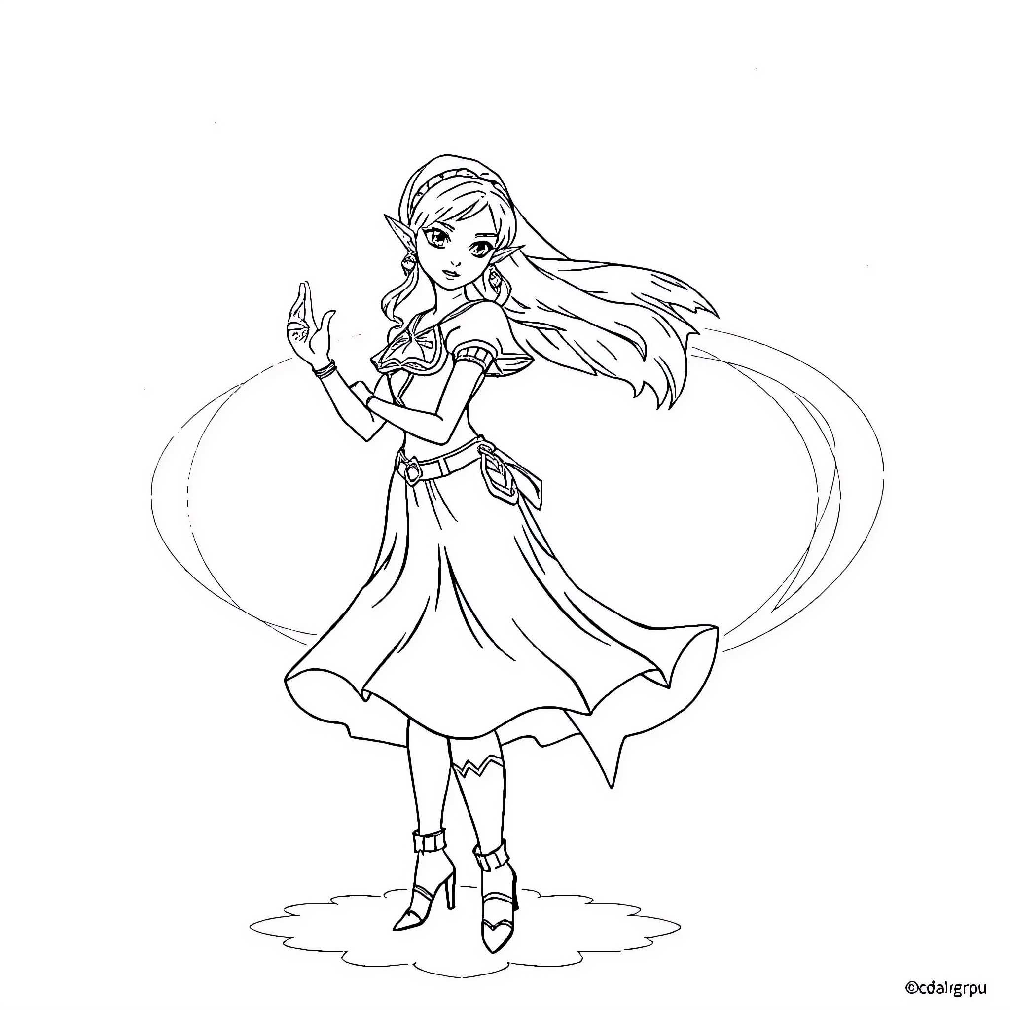 Zelda: Adventurous Princess in Elegant Attire Coloring Page (free black-and-white line drawing printable PDF for all, from beginners to advanced learners, including children, teens, adults, and seniors)