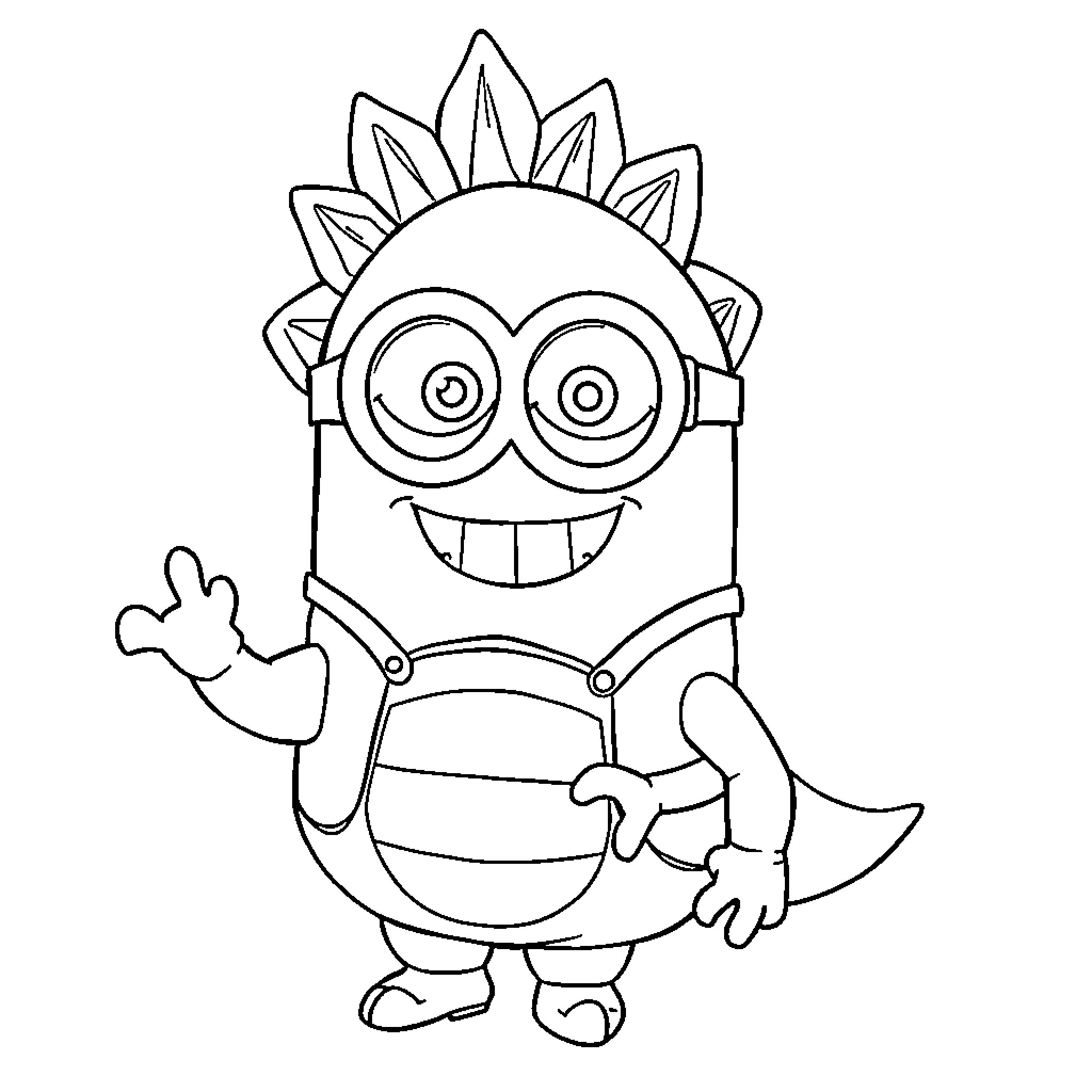 Minion excitedly waving and smiling Coloring Page (free black-and-white line drawing printable PDF for all, from beginners to advanced learners, including children, teens, adults, and seniors)