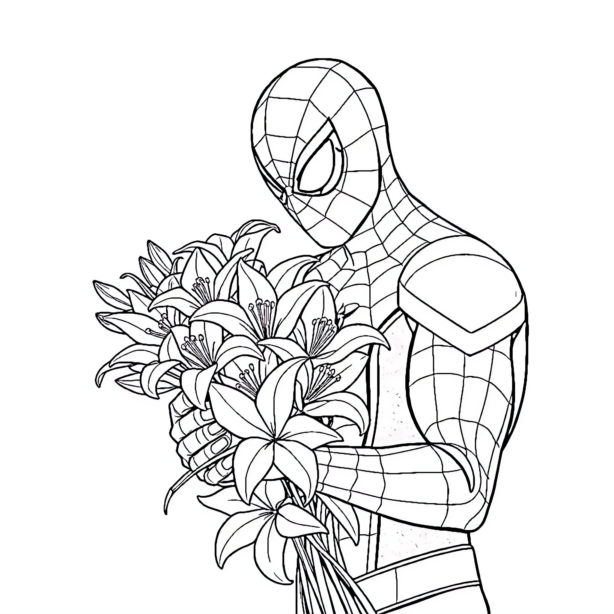 Spiderman holding a bouquet of flowers Coloring Page (free black-and-white line drawing printable PDF for all, from beginners to advanced learners, including children, teens, adults, and seniors)