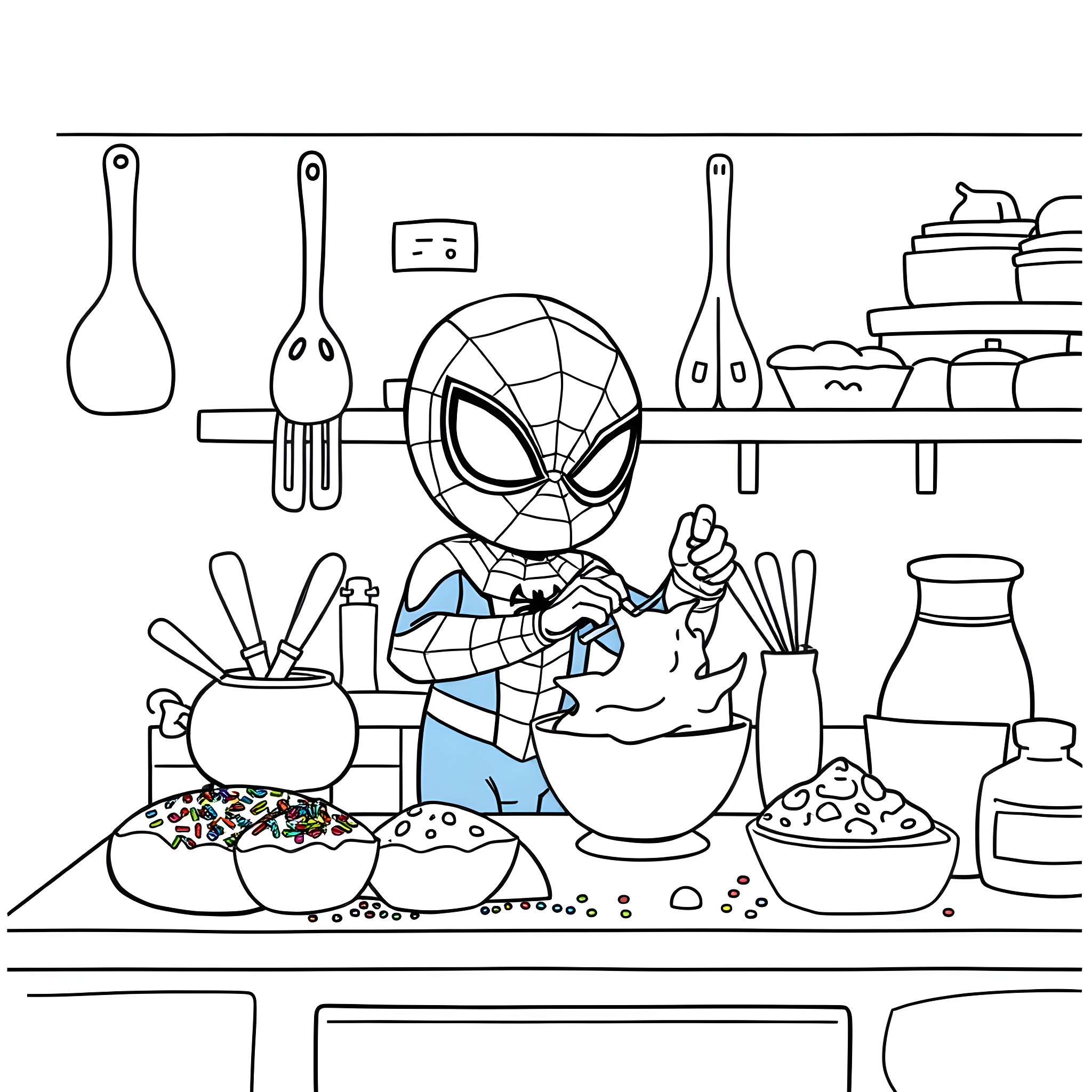 Chibi Spiderman Cooking in the Kitchen Coloring Page (free black-and-white line drawing printable PDF for all, from beginners to advanced learners, including children, teens, adults, and seniors)