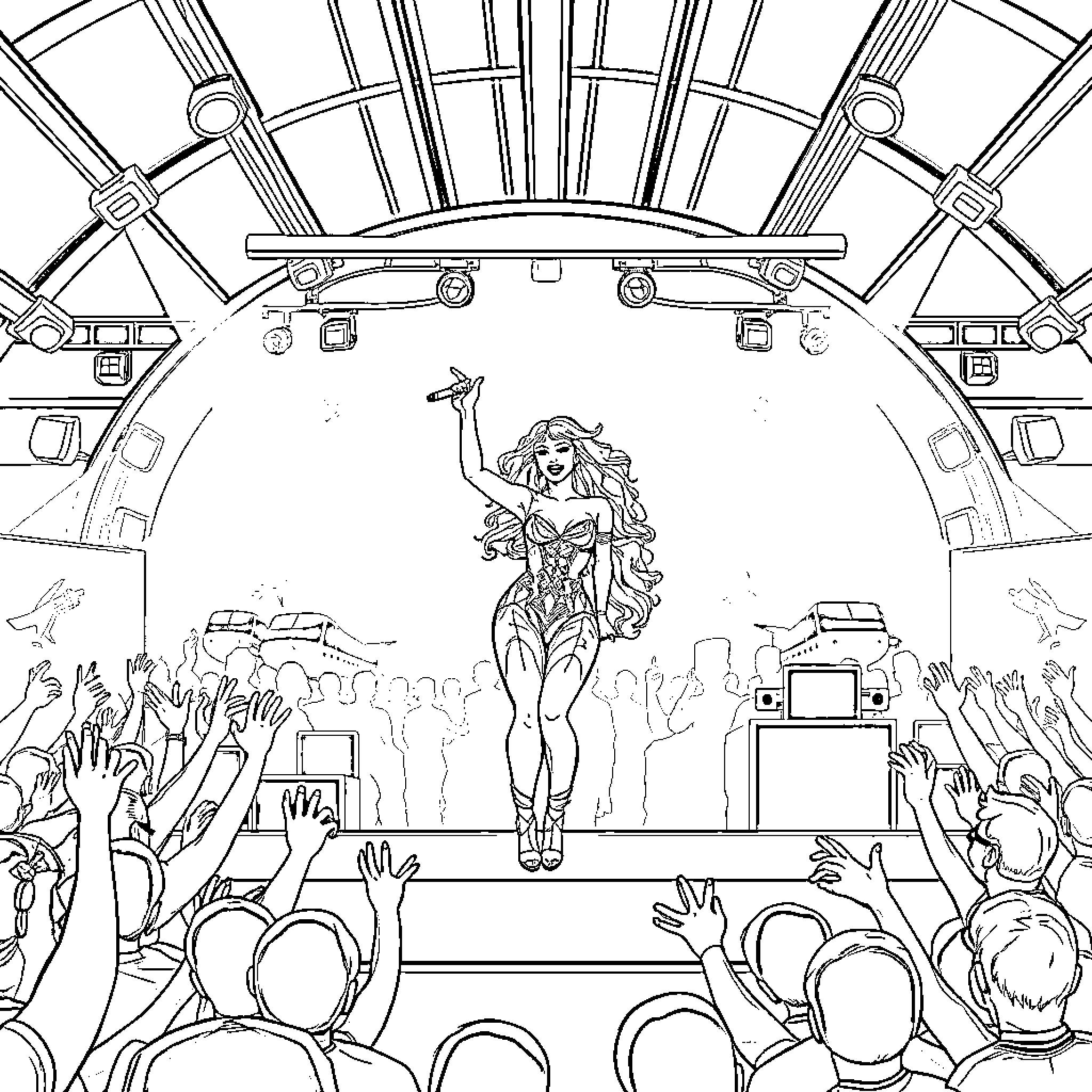 Lady Gaga's Energetic Live Performance on Stage Coloring Page (free black-and-white line drawing printable PDF for all, from beginners to advanced learners, including children, teens, adults, and seniors)