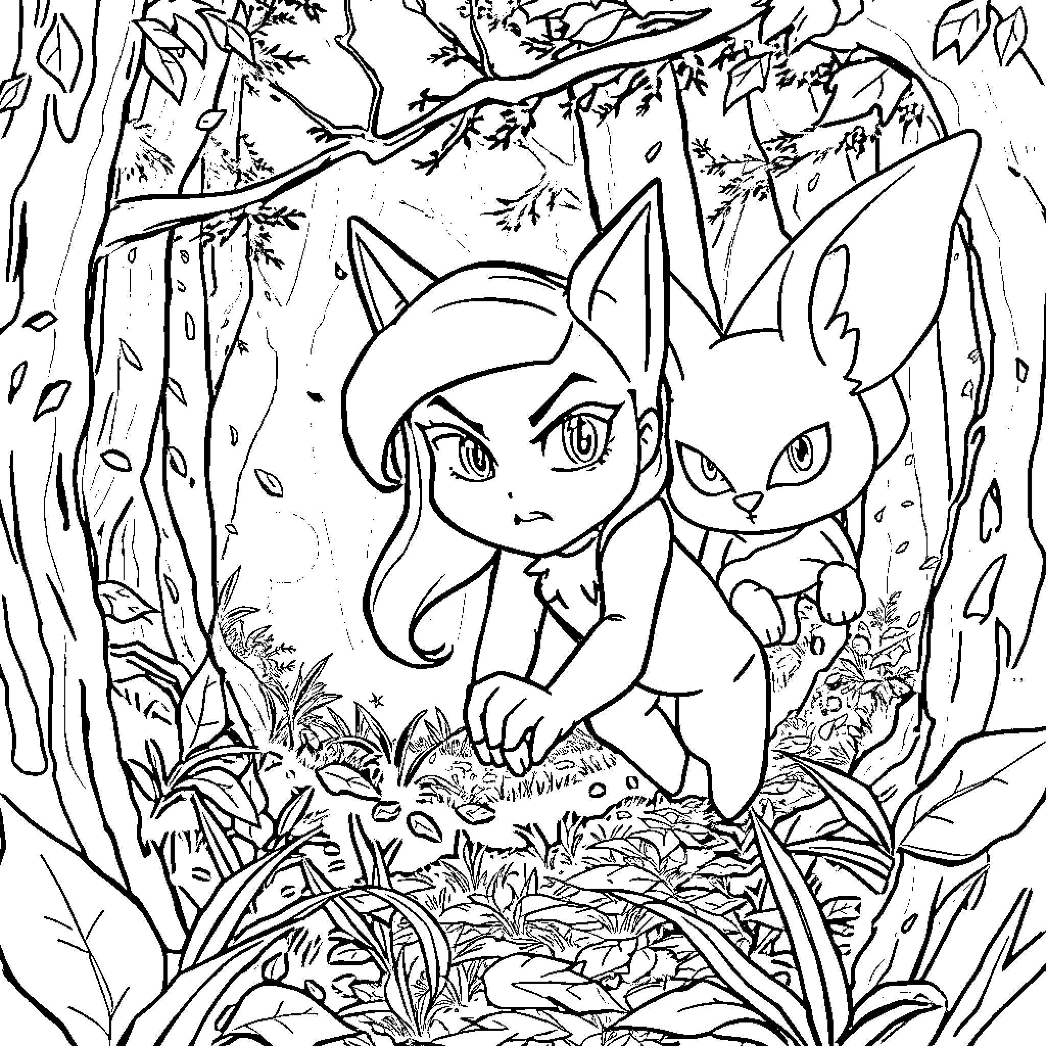 Zoey explores the enchanting forest with her companion Coloring Page (free black-and-white line drawing printable PDF for all, from beginners to advanced learners, including children, teens, adults, and seniors)