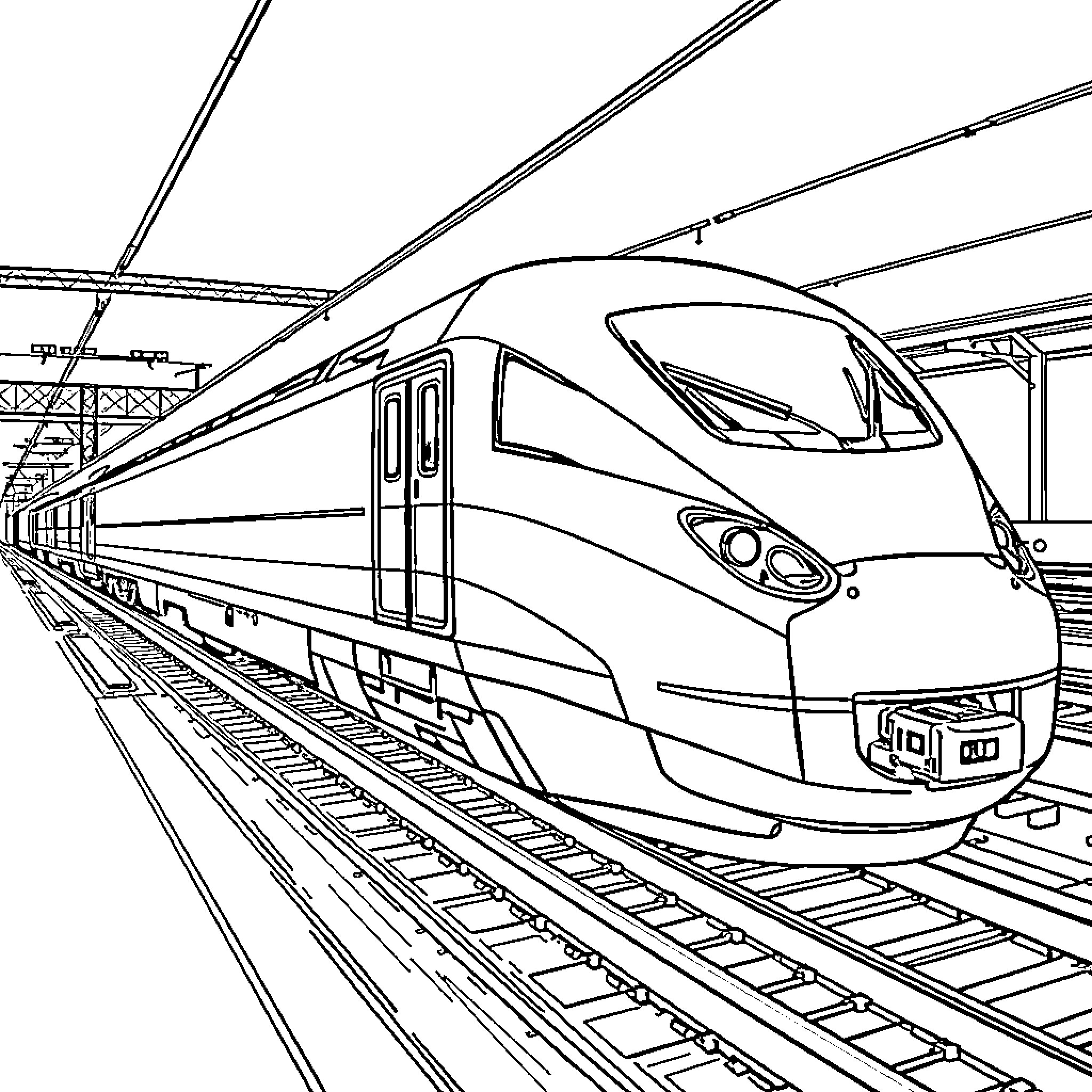 TGV high-speed train in station Coloring Page (free black-and-white line drawing printable PDF for all, from beginners to advanced learners, including children, teens, adults, and seniors)