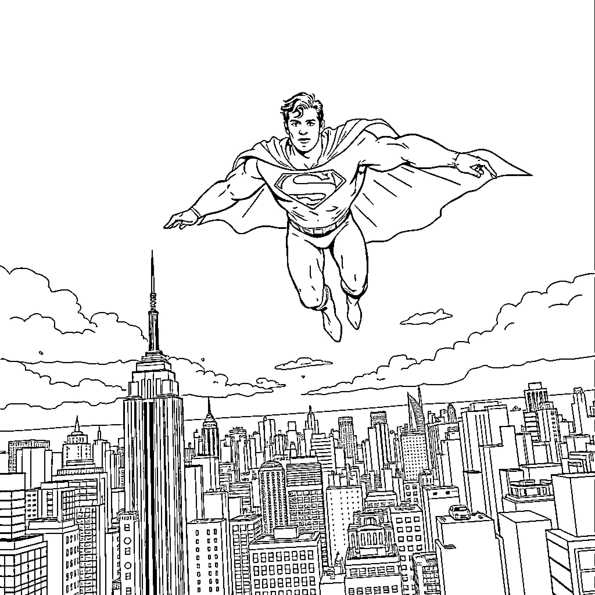 Superman soaring over a city skyline Coloring Page (free black-and-white line drawing printable PDF for all, from beginners to advanced learners, including children, teens, adults, and seniors)