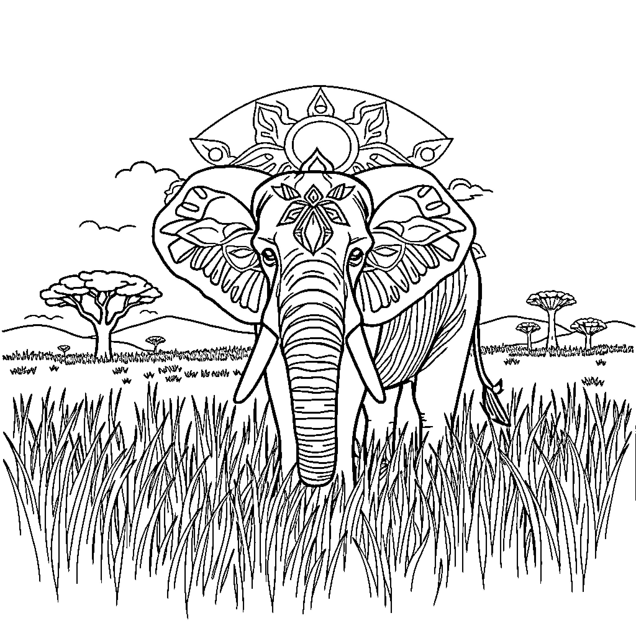 Elephant in ornate setting surrounded by nature Coloring Page (free black-and-white line drawing printable PDF for all, from beginners to advanced learners, including children, teens, adults, and seniors)