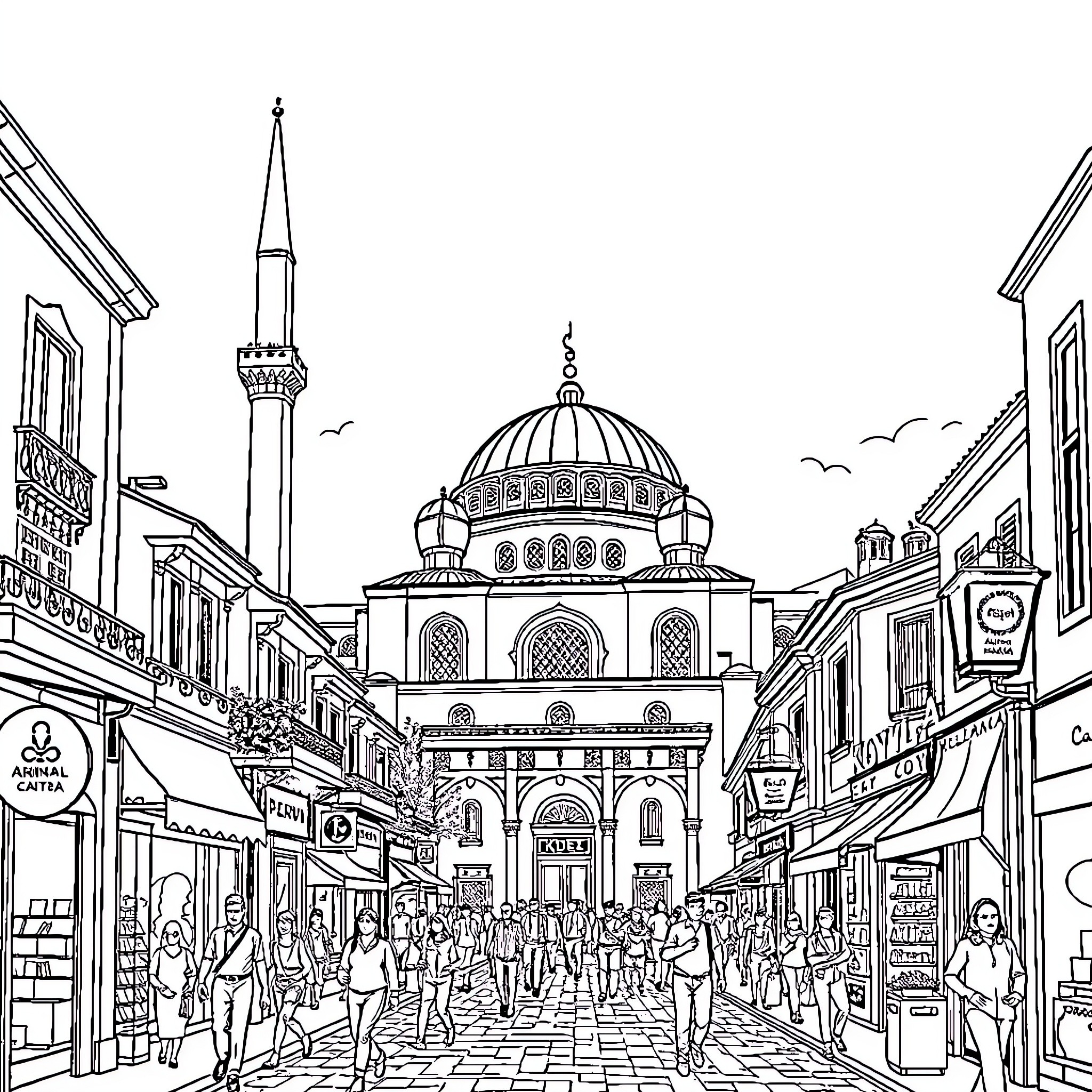 Konya - Bustling street scene with historic mosque Coloring Page (free black-and-white line drawing printable PDF for all, from beginners to advanced learners, including children, teens, adults, and seniors)