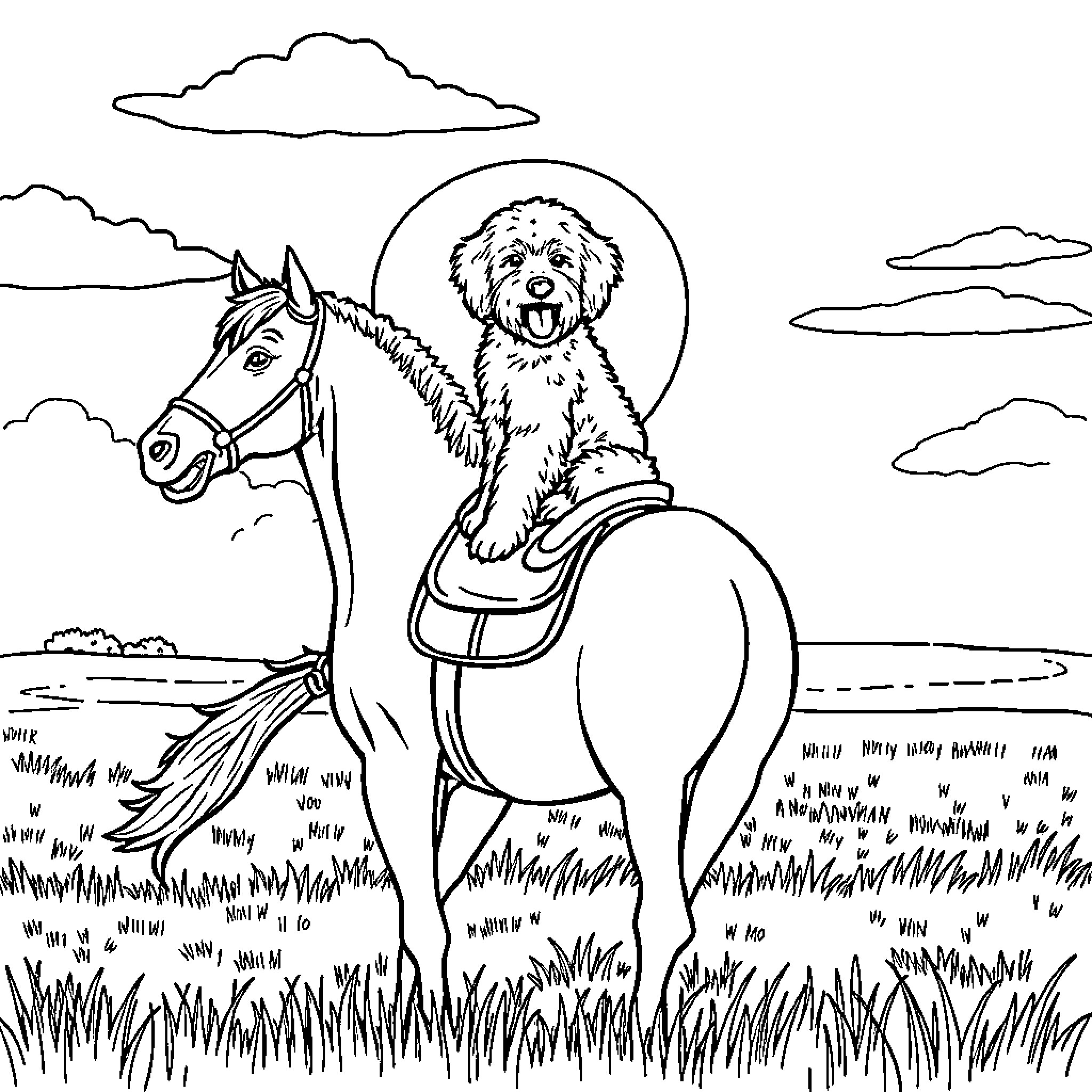 Labradoodle riding a horse in a grassy field Coloring Page (free black-and-white line drawing printable PDF for all, from beginners to advanced learners, including children, teens, adults, and seniors)
