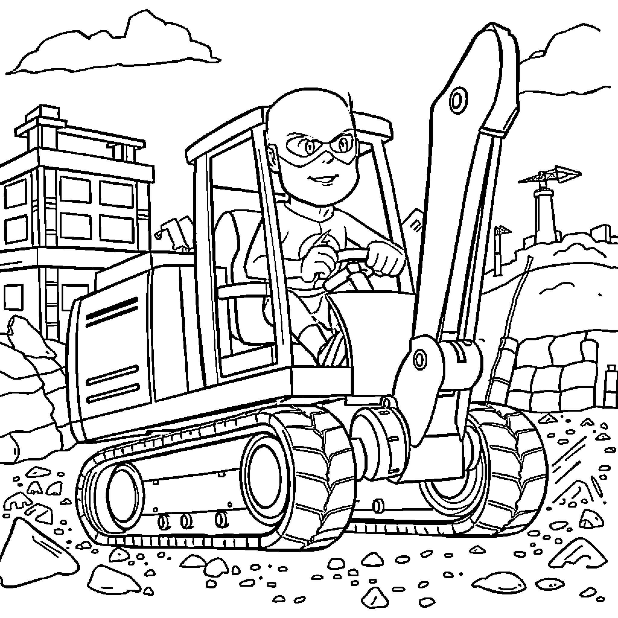 Flash of a Mighty Construction Crew at Work Coloring Page (free black-and-white line drawing printable PDF for all, from beginners to advanced learners, including children, teens, adults, and seniors)