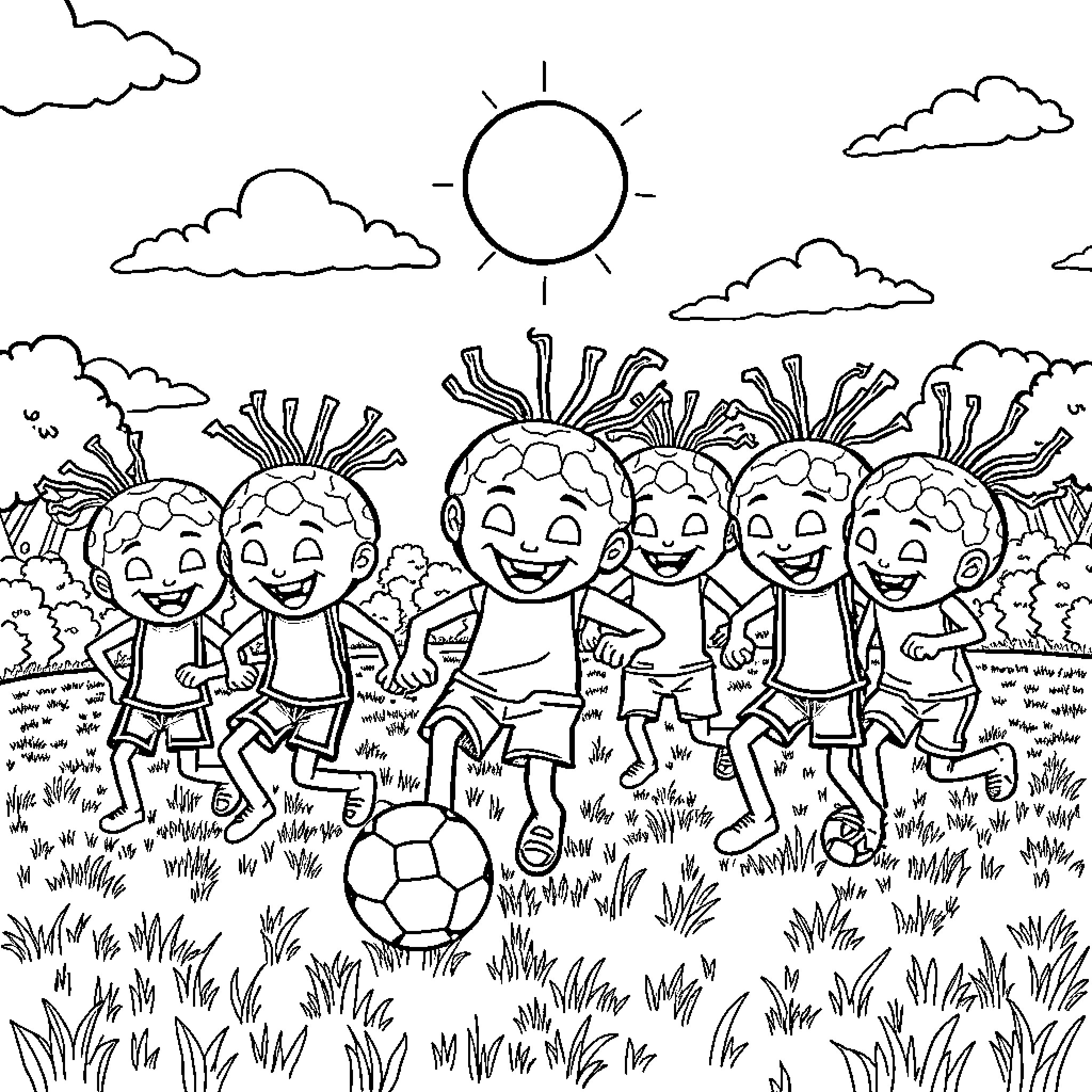 Brainrot: Joyful children playing soccer in the park Coloring Page (free black-and-white line drawing printable PDF for all, from beginners to advanced learners, including children, teens, adults, and seniors)