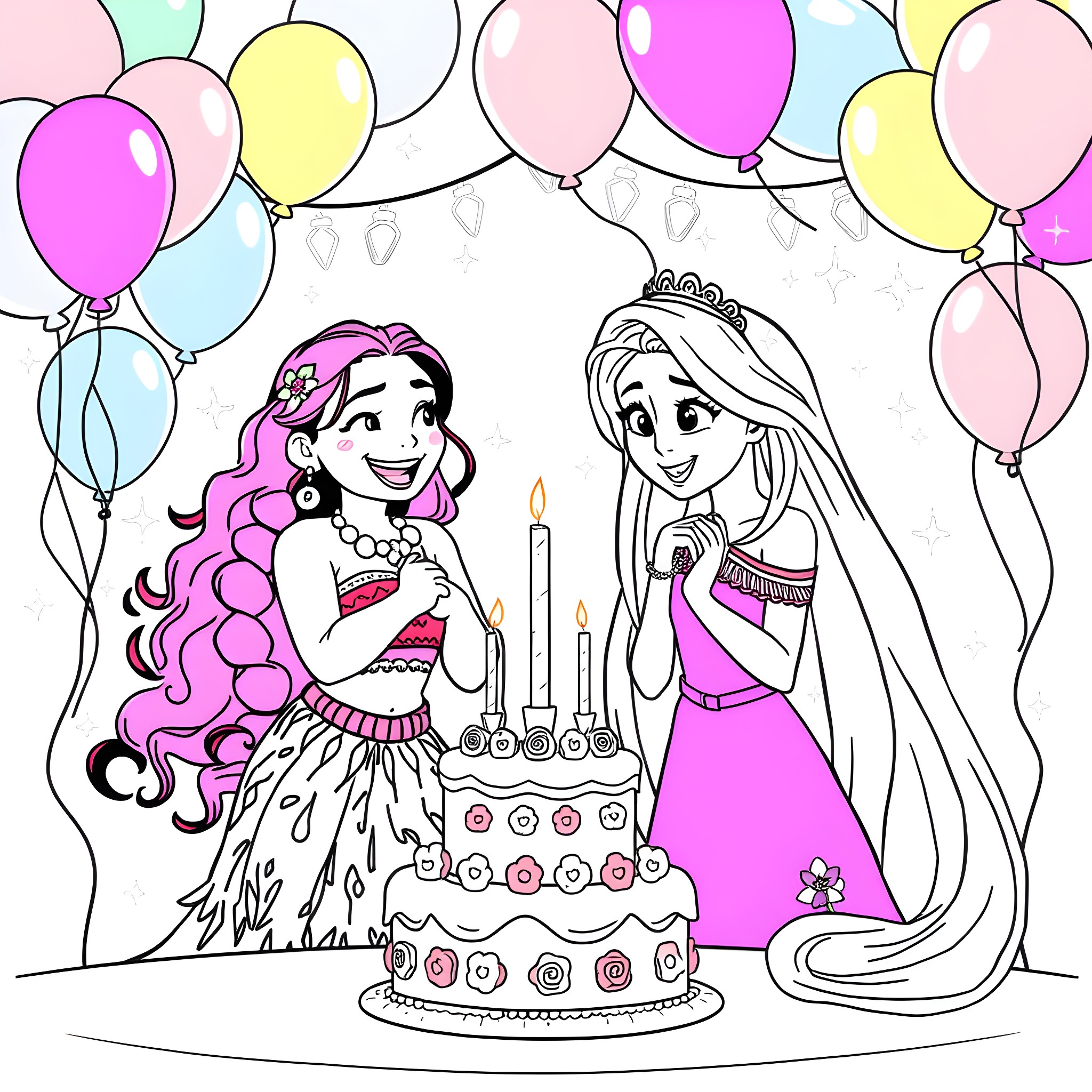 Moana celebrating birthday with princess friend Coloring Page (free black-and-white line drawing printable PDF for all, from beginners to advanced learners, including children, teens, adults, and seniors)
