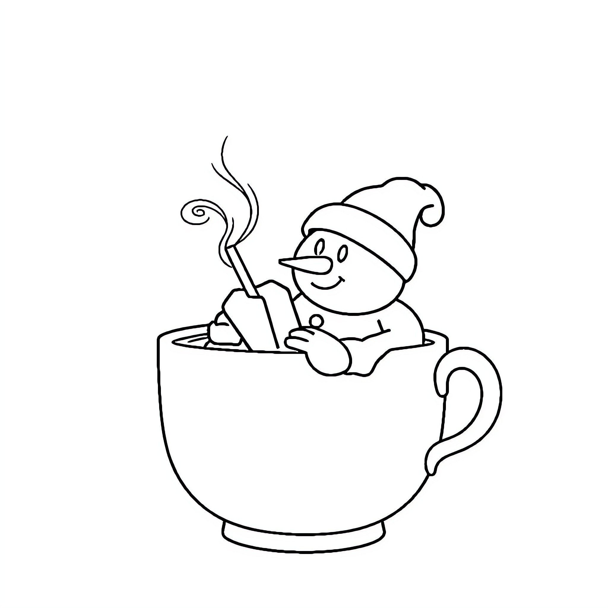 Bonhomme in a cozy mug Coloring Page (free black-and-white line drawing printable PDF for all, from beginners to advanced learners, including children, teens, adults, and seniors)