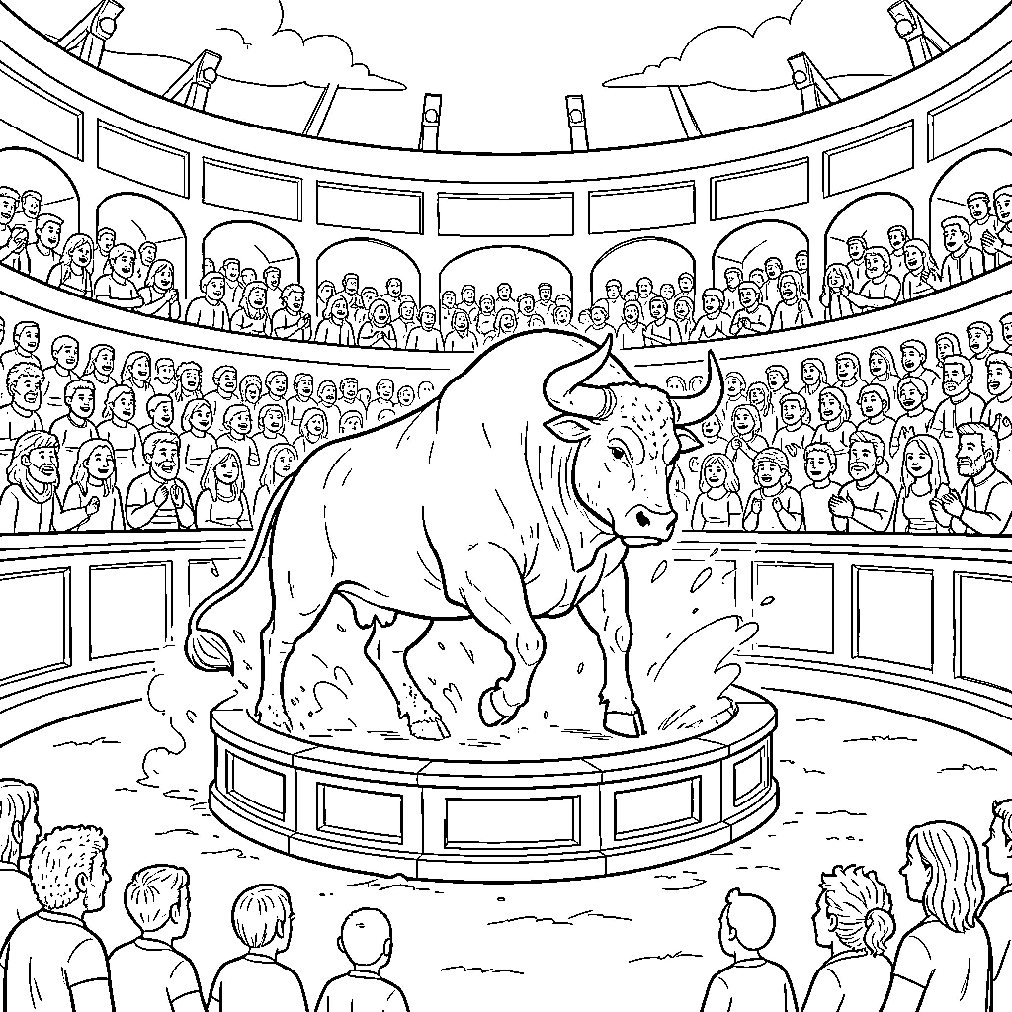 Bull charging aggressively in a crowded arena Coloring Page (free black-and-white line drawing printable PDF for all, from beginners to advanced learners, including children, teens, adults, and seniors)