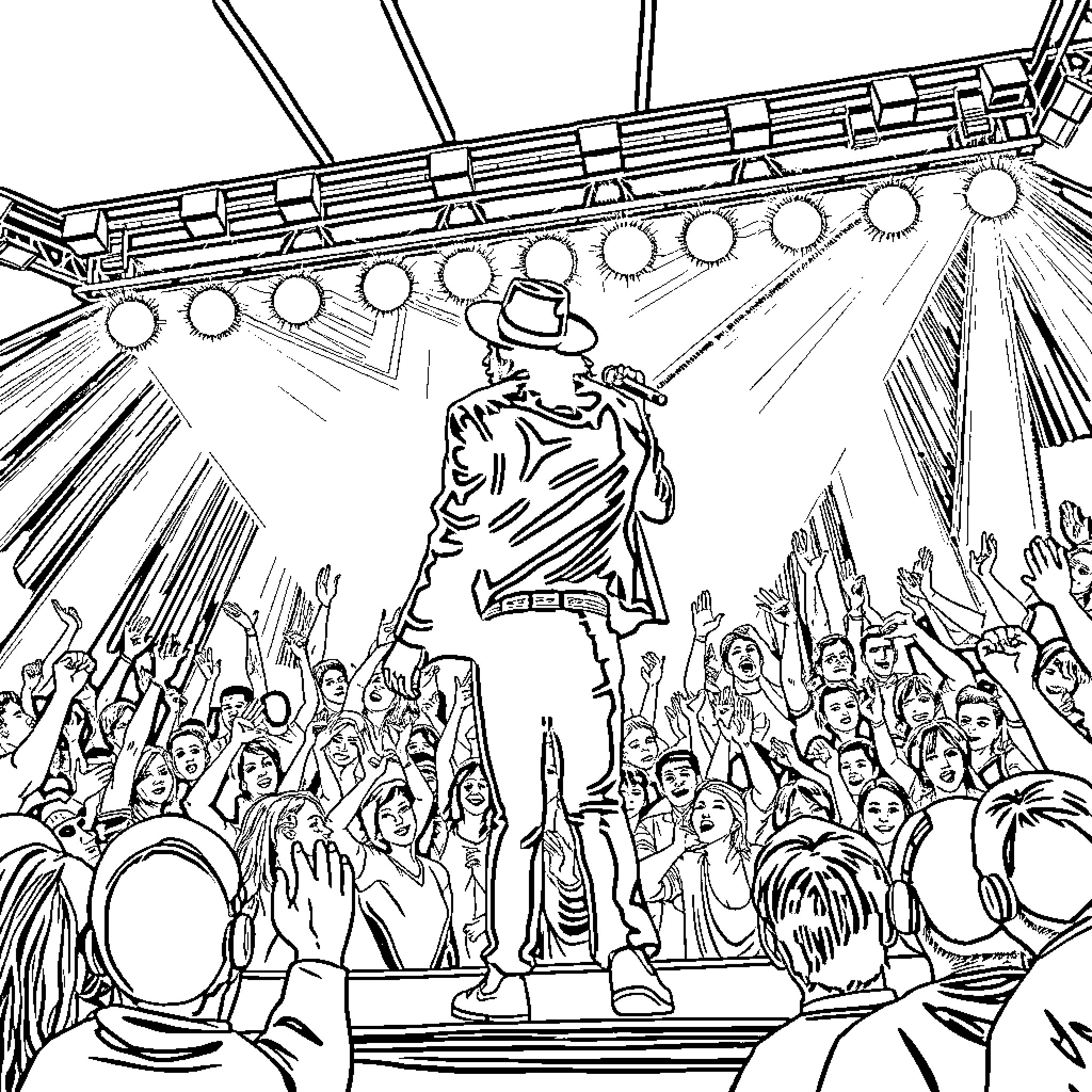 Michael Jackson performing on stage in front of cheering crowd Coloring Page (free black-and-white line drawing printable PDF for all, from beginners to advanced learners, including children, teens, adults, and seniors)