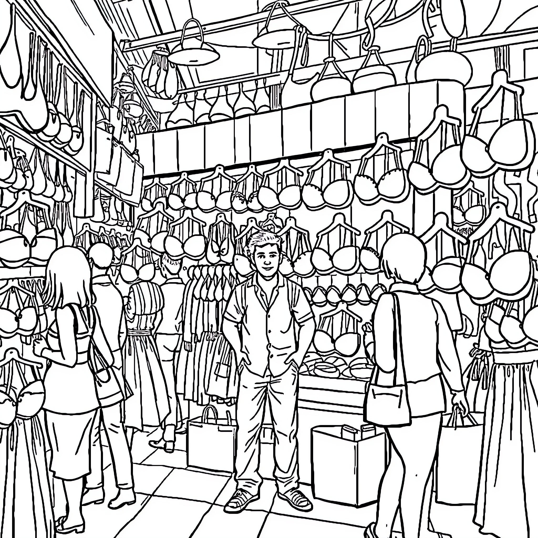 Man shopping for clothes at a busy clothing store Coloring Page (free black-and-white line drawing printable PDF for all, from beginners to advanced learners, including children, teens, adults, and seniors)