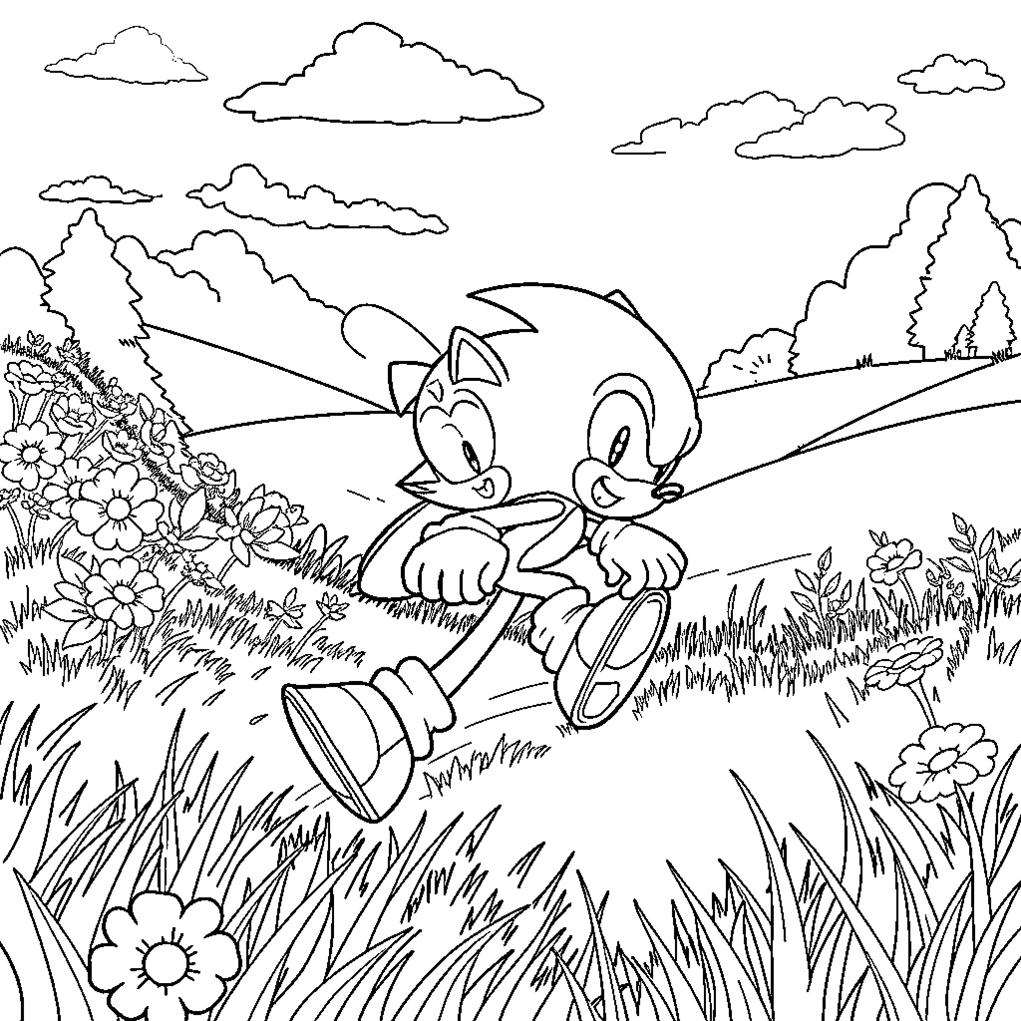 Sonic characters running through a flower-filled meadow Coloring Page (free black-and-white line drawing printable PDF for all, from beginners to advanced learners, including children, teens, adults, and seniors)