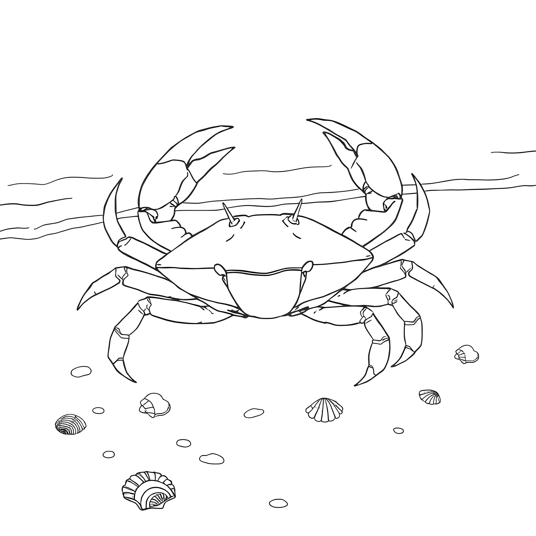 Crab standing on the beach Coloring Page (free black-and-white line drawing printable PDF for all, from beginners to advanced learners, including children, teens, adults, and seniors)