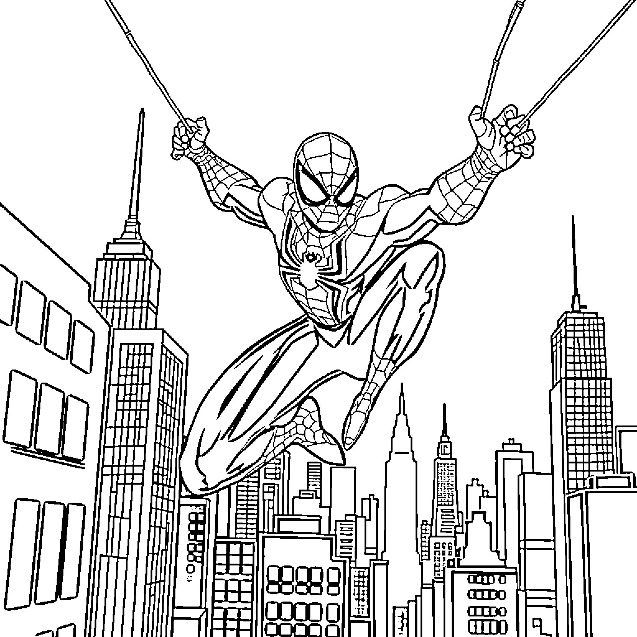Spiderman swinging through the city skyline Coloring Page (free black-and-white line drawing printable PDF for all, from beginners to advanced learners, including children, teens, adults, and seniors)