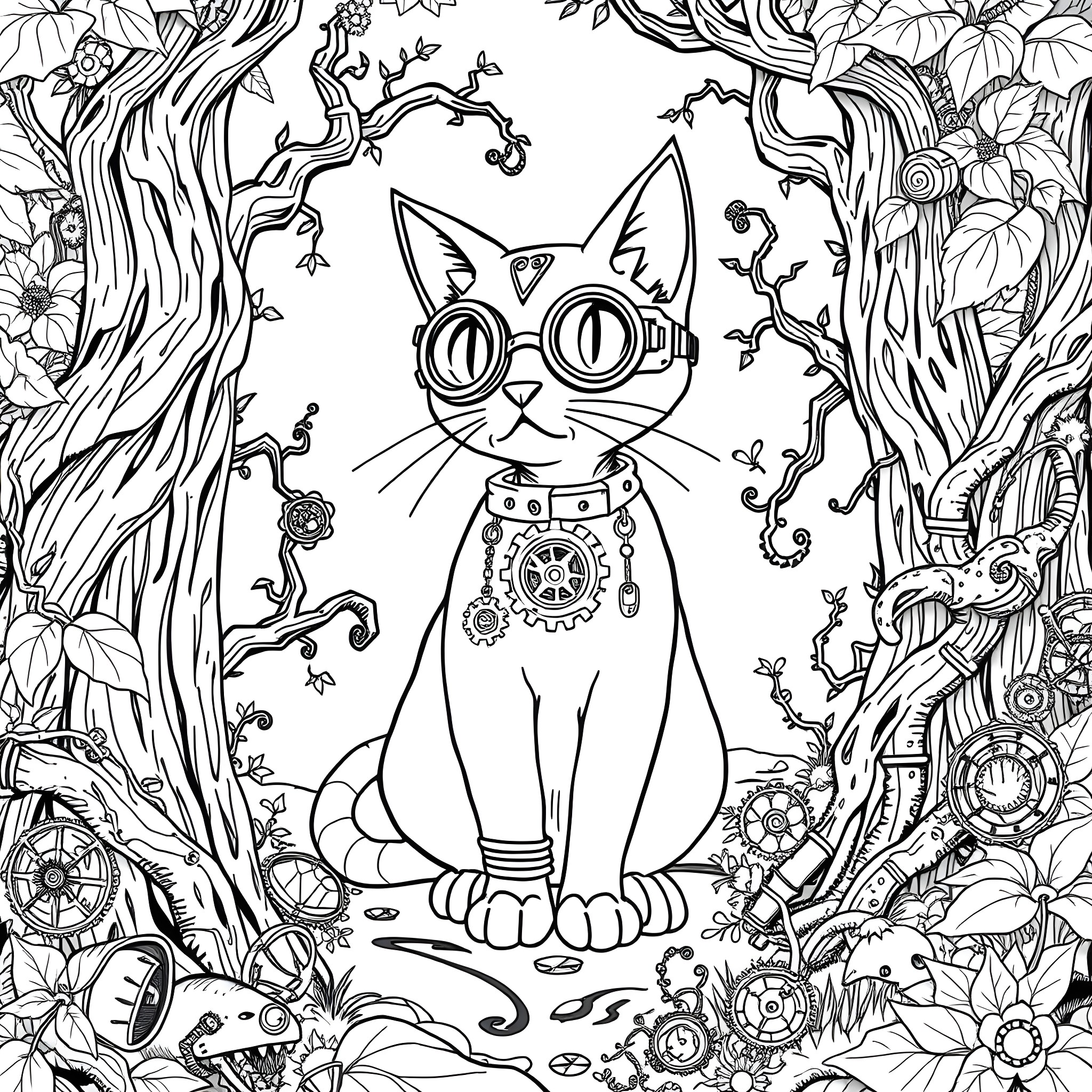 Cat in a magical forest Coloring Page (free black-and-white line drawing printable PDF for all, from beginners to advanced learners, including children, teens, adults, and seniors)
