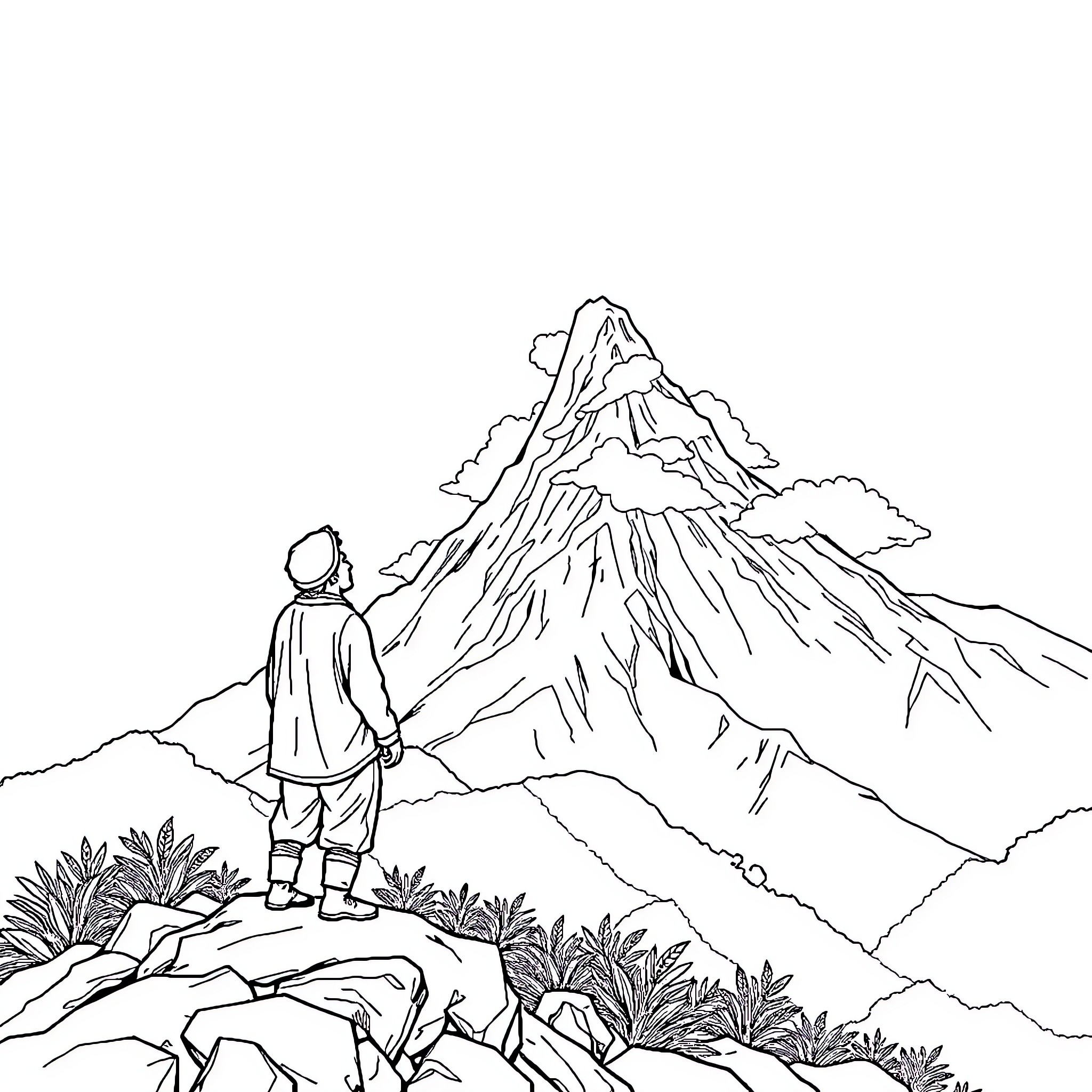 Papa Isio standing atop a mountain in contemplation Coloring Page (free black-and-white line drawing printable PDF for all, from beginners to advanced learners, including children, teens, adults, and seniors)