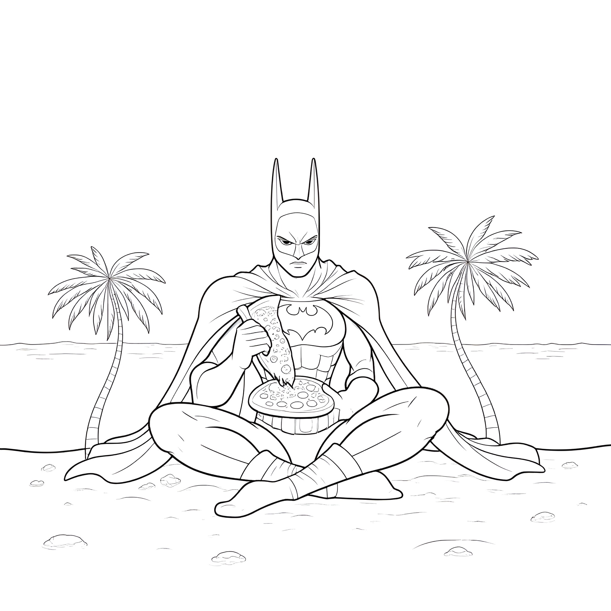 Batman relaxing on the beach with a drink Coloring Page (free black-and-white line drawing printable PDF for all, from beginners to advanced learners, including children, teens, adults, and seniors)