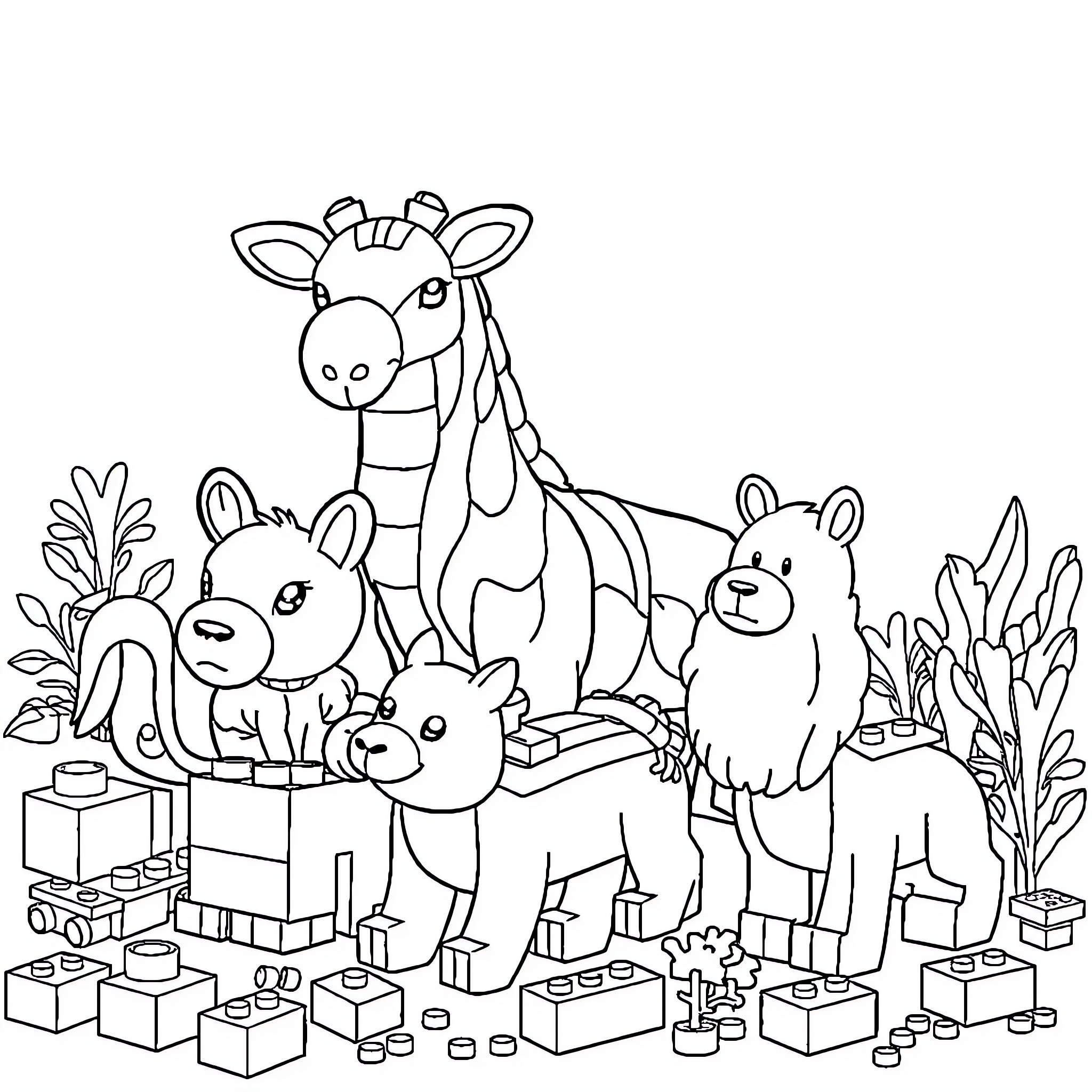 Animal friends playing with toys in forest Coloring Page (free black-and-white line drawing printable PDF for all, from beginners to advanced learners, including children, teens, adults, and seniors)